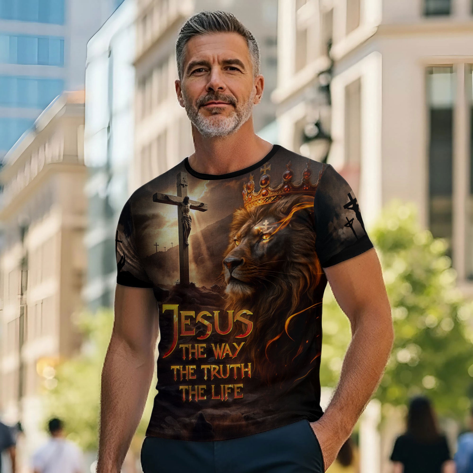 Jesus The Way The Truth The Life Lion of Judah Fire Cross Christian T-Shirt