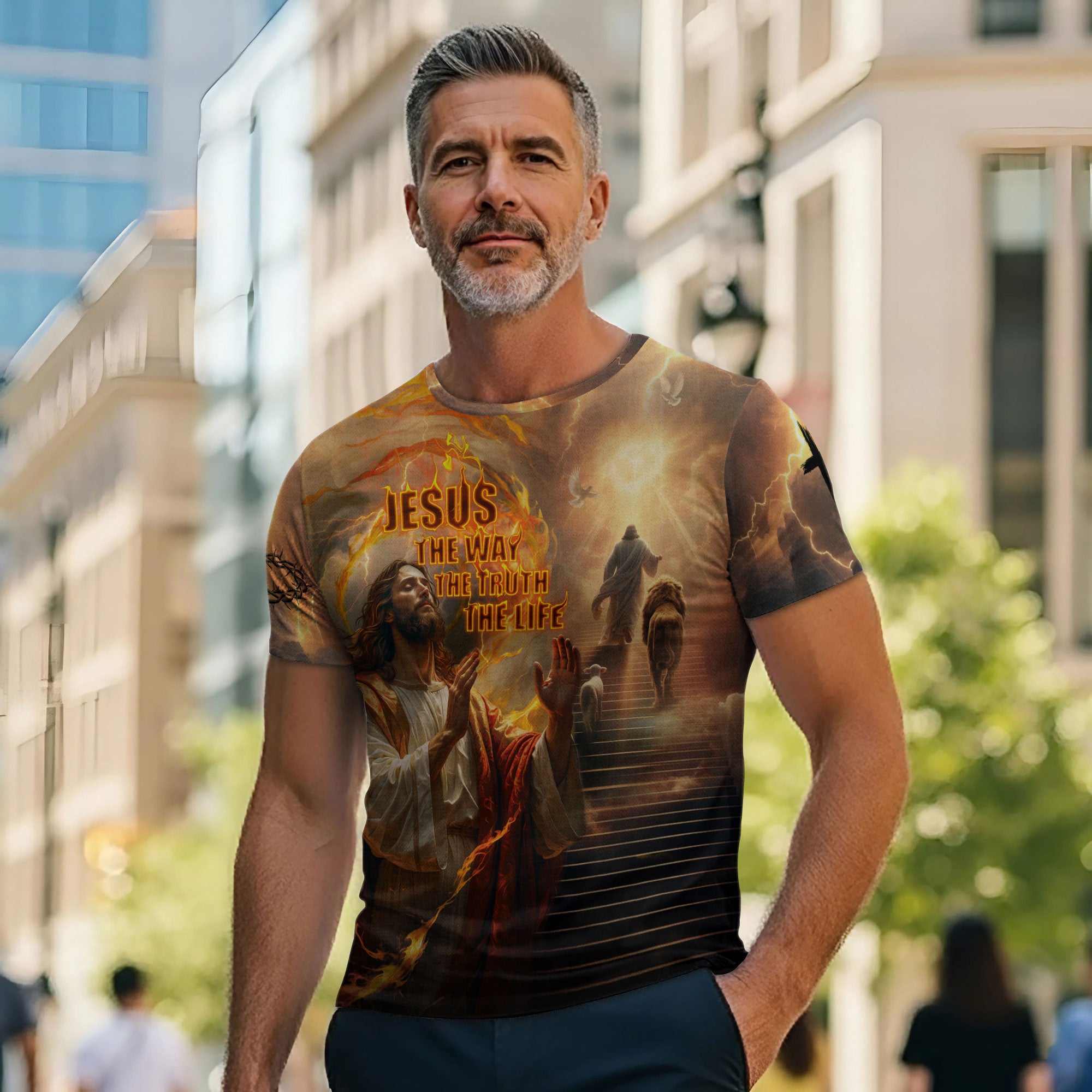 Jesus The Way The Truth The Life Lion and Lamb Fire Christian T-Shirt