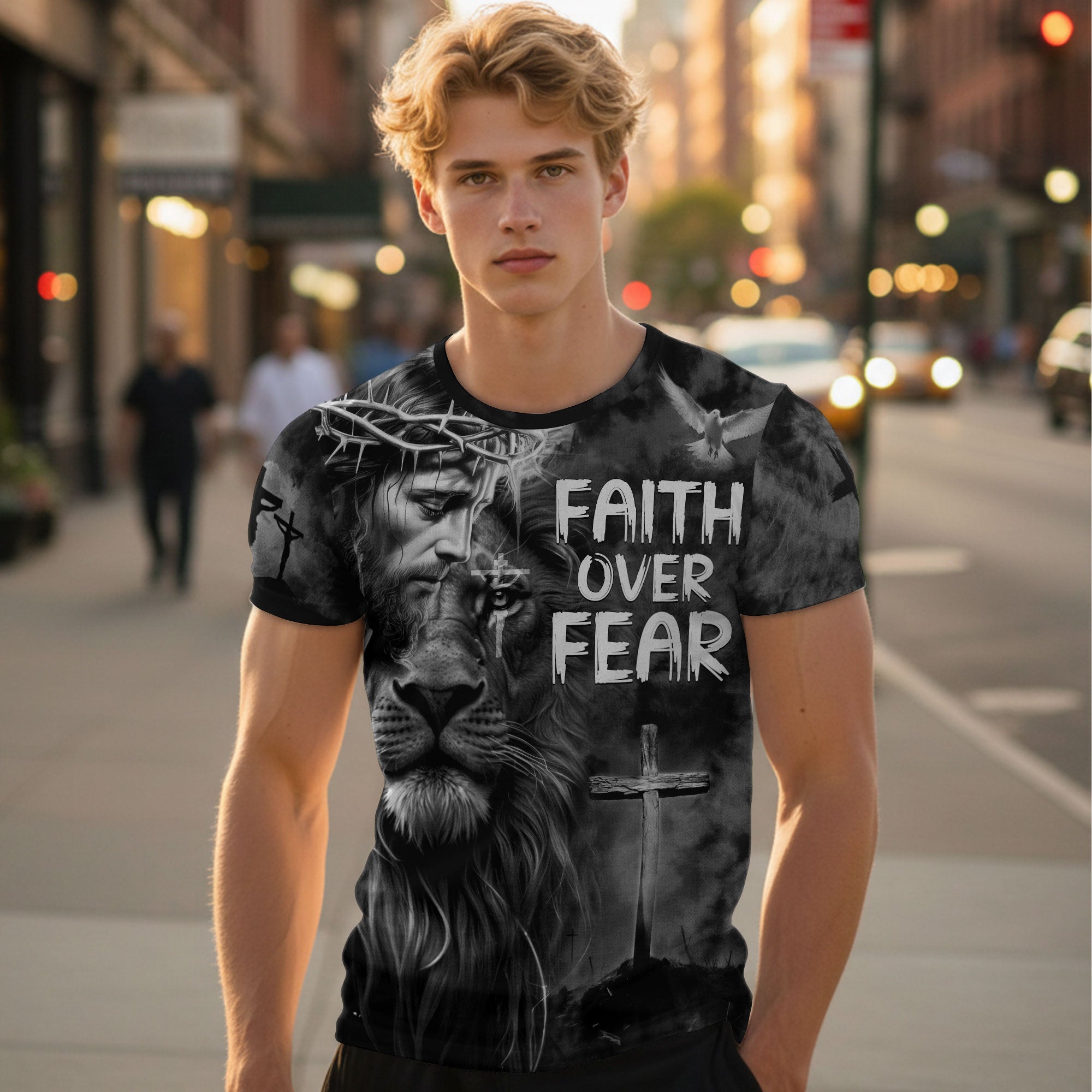 Faith Over Fear Jesus Lion of Judah Cross Christian T-Shirt