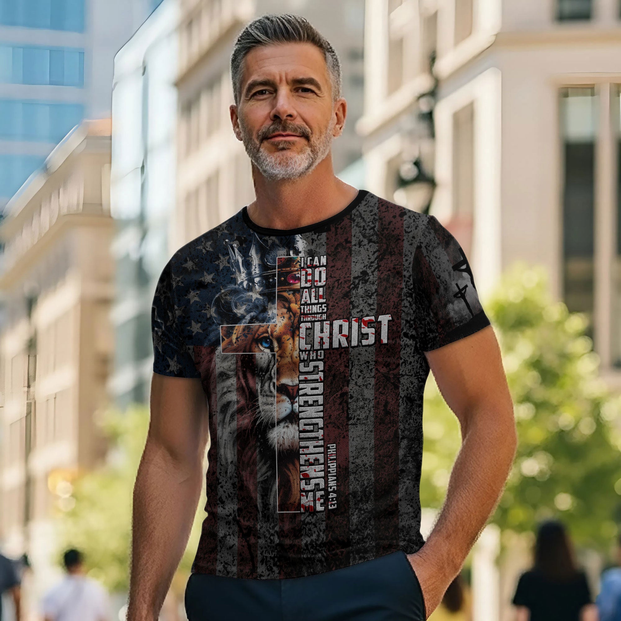 I Can Do All Things Through Christ American Flag Cross Lion Crown Christian T-Shirt