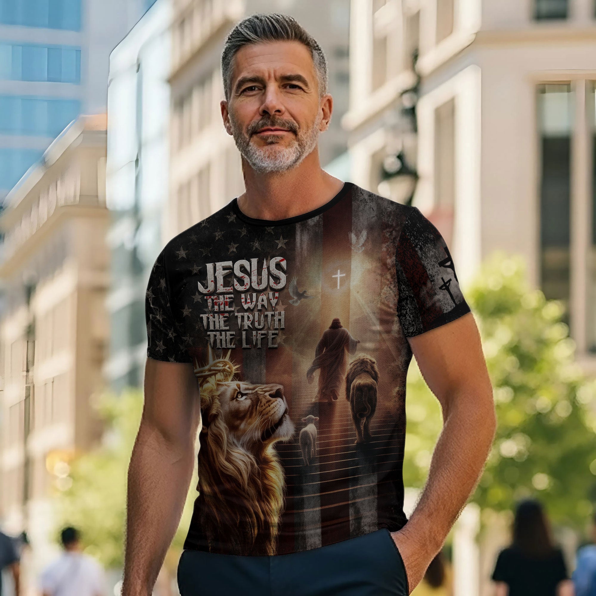 Jesus The Way The Truth The Life Lion of Judah American Flag Christian T-Shirt