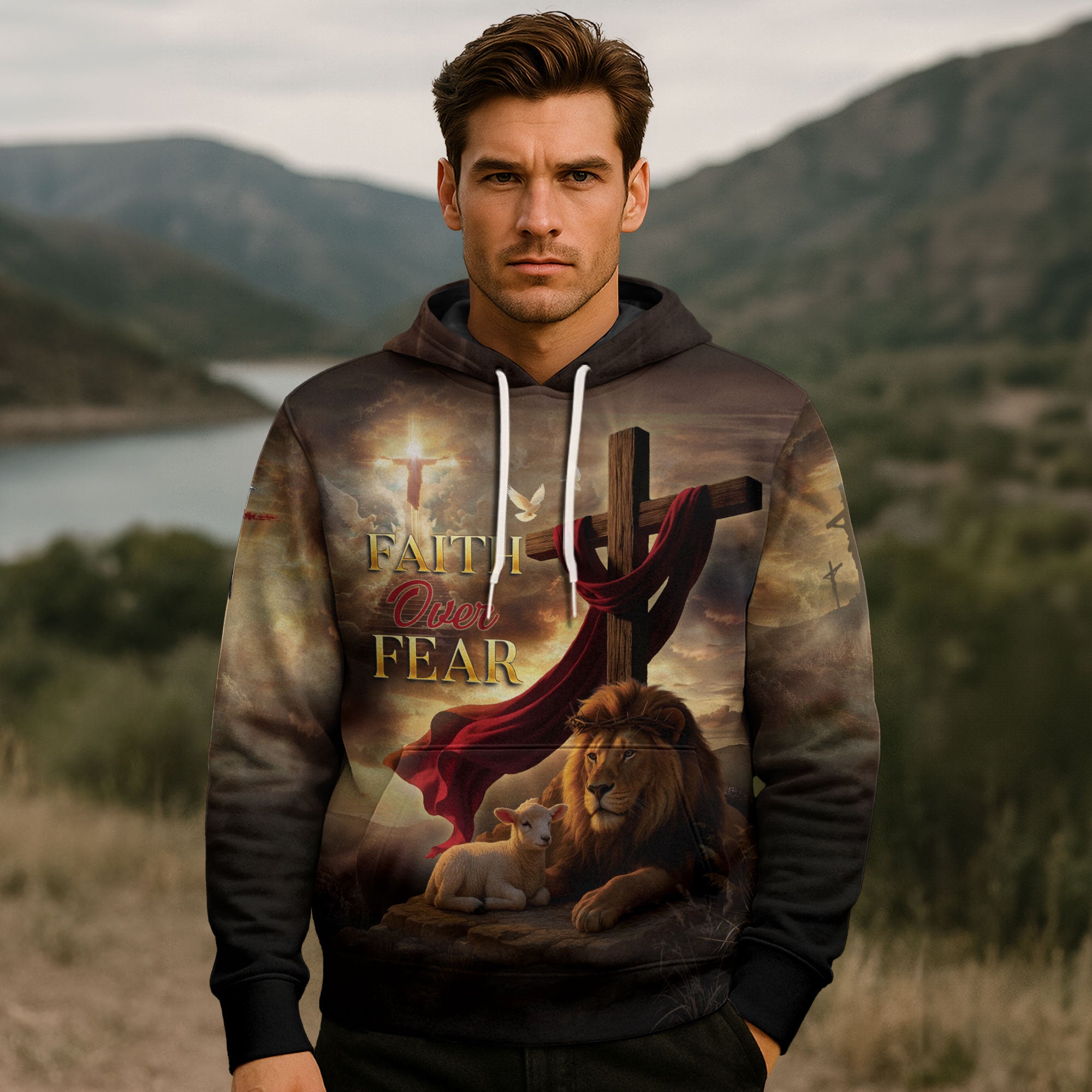 Faith Over Fear Christian Hoodie – Lion and Lamb Cross Design Bible Verse