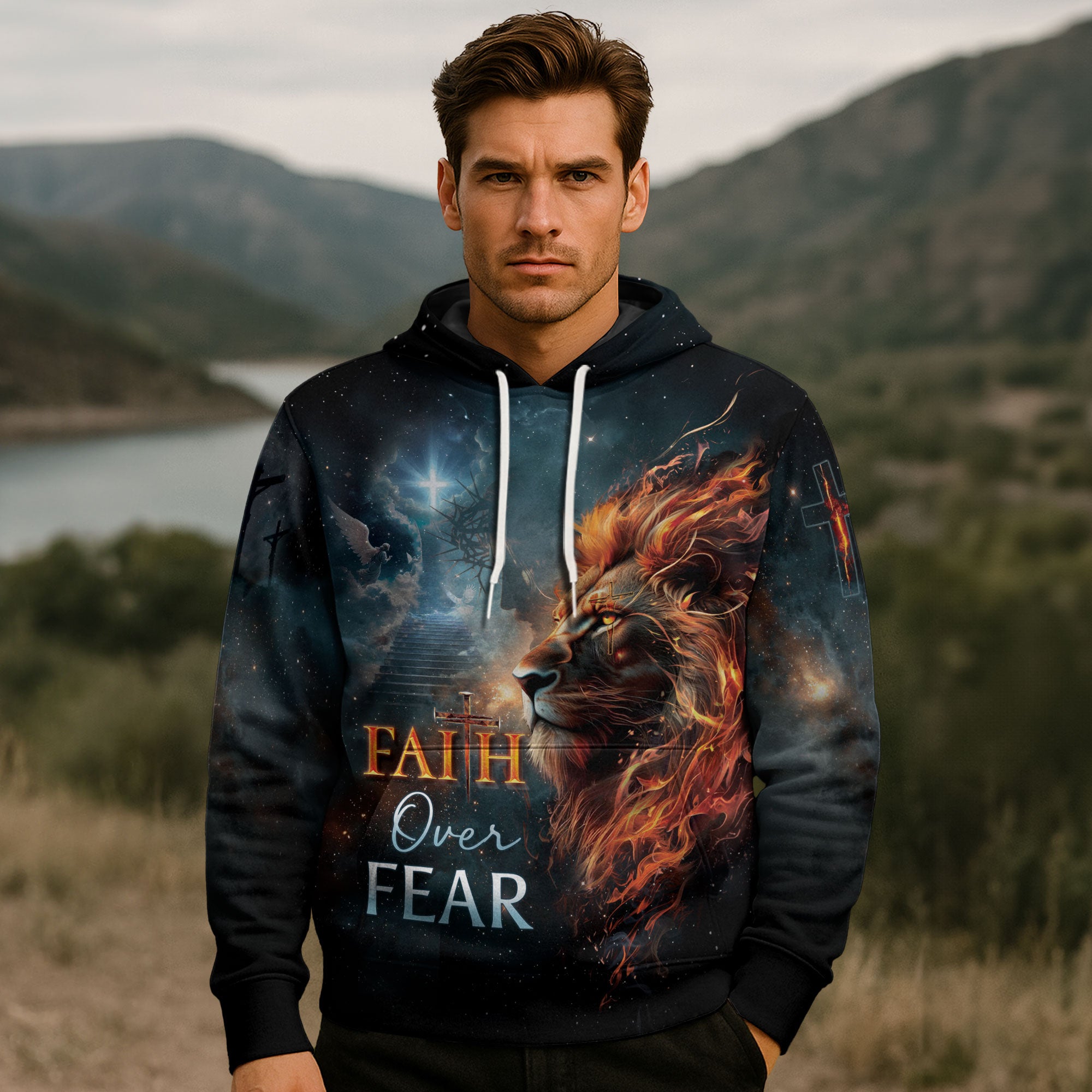 Faith Over Fear Christian Hoodie – Fiery Lion of Judah Cross Design