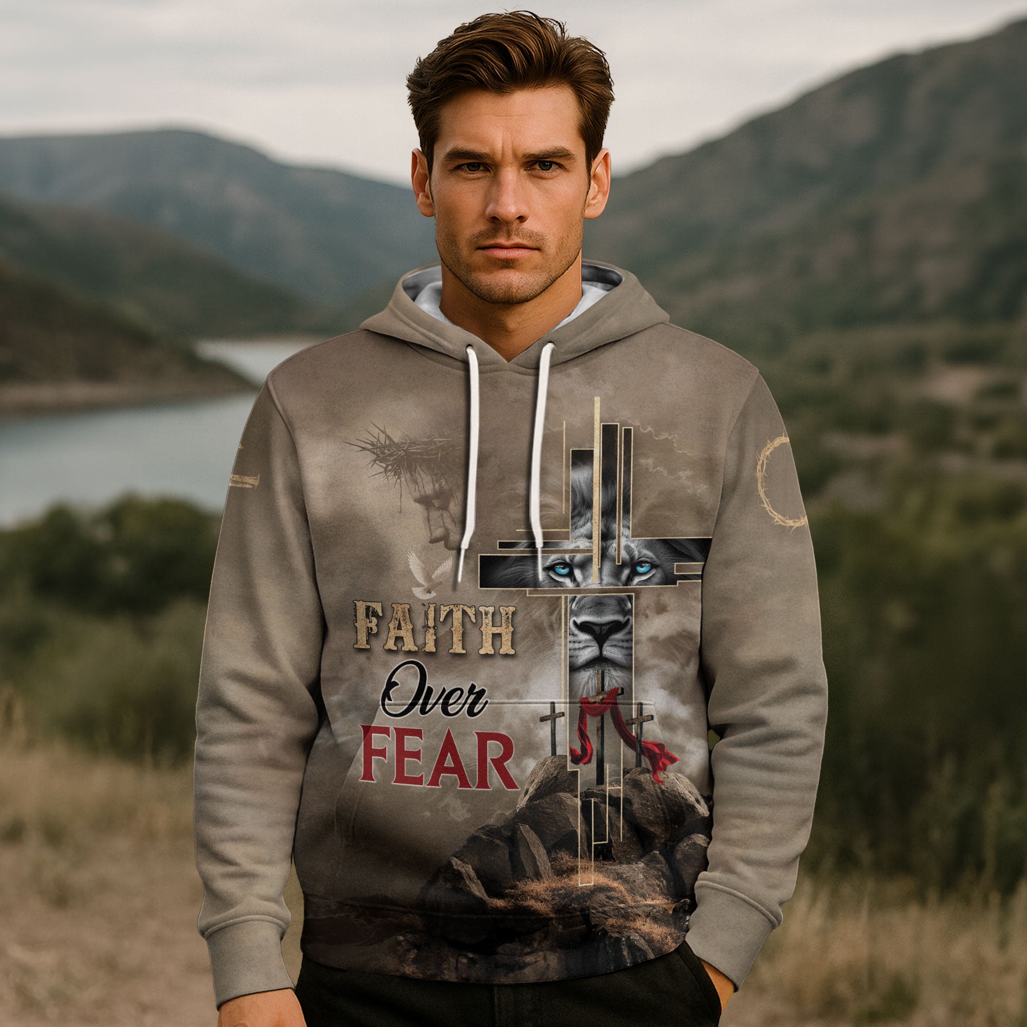Faith Over Fear Christian Hoodie Lion Cross Desert Design