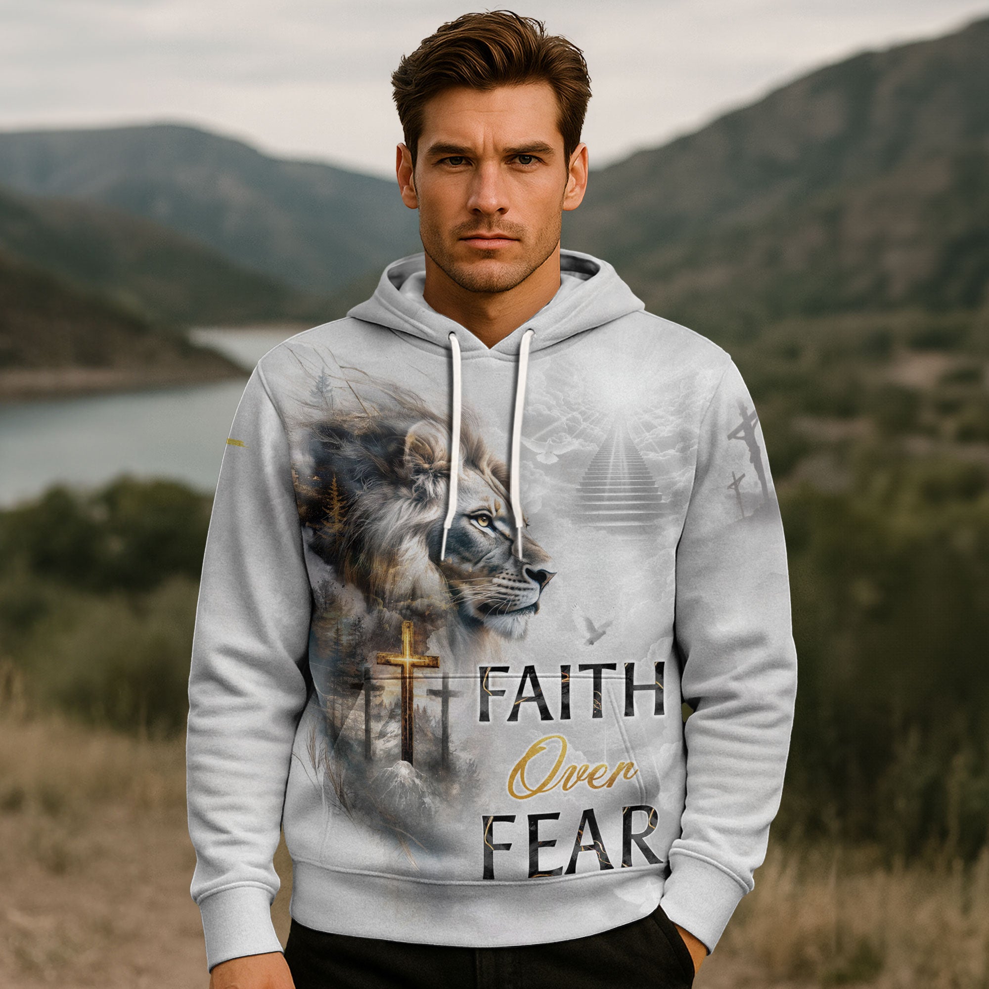 Faith Over Fear Christian Hoodie White Lion Cross Heaven Design