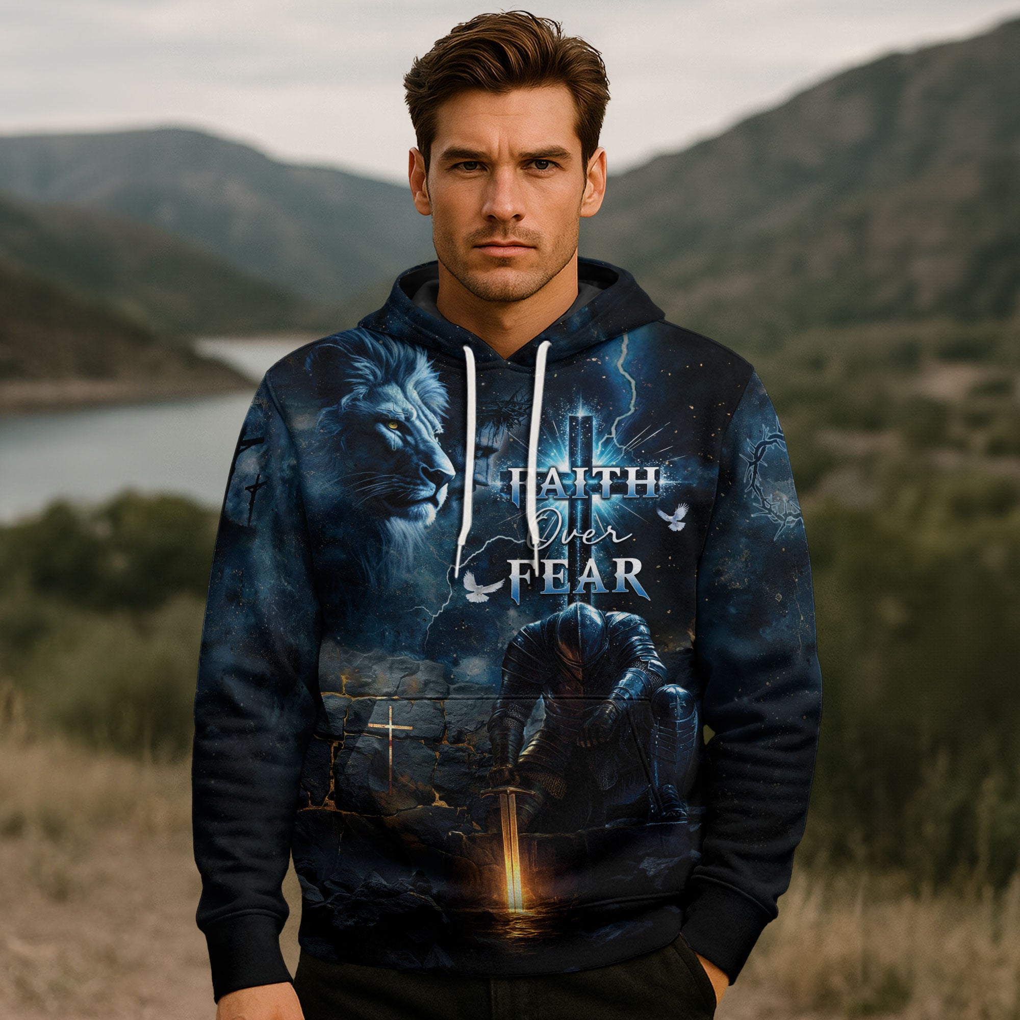 Faith Over Fear Christian Hoodie Warrior Lion Cross Design