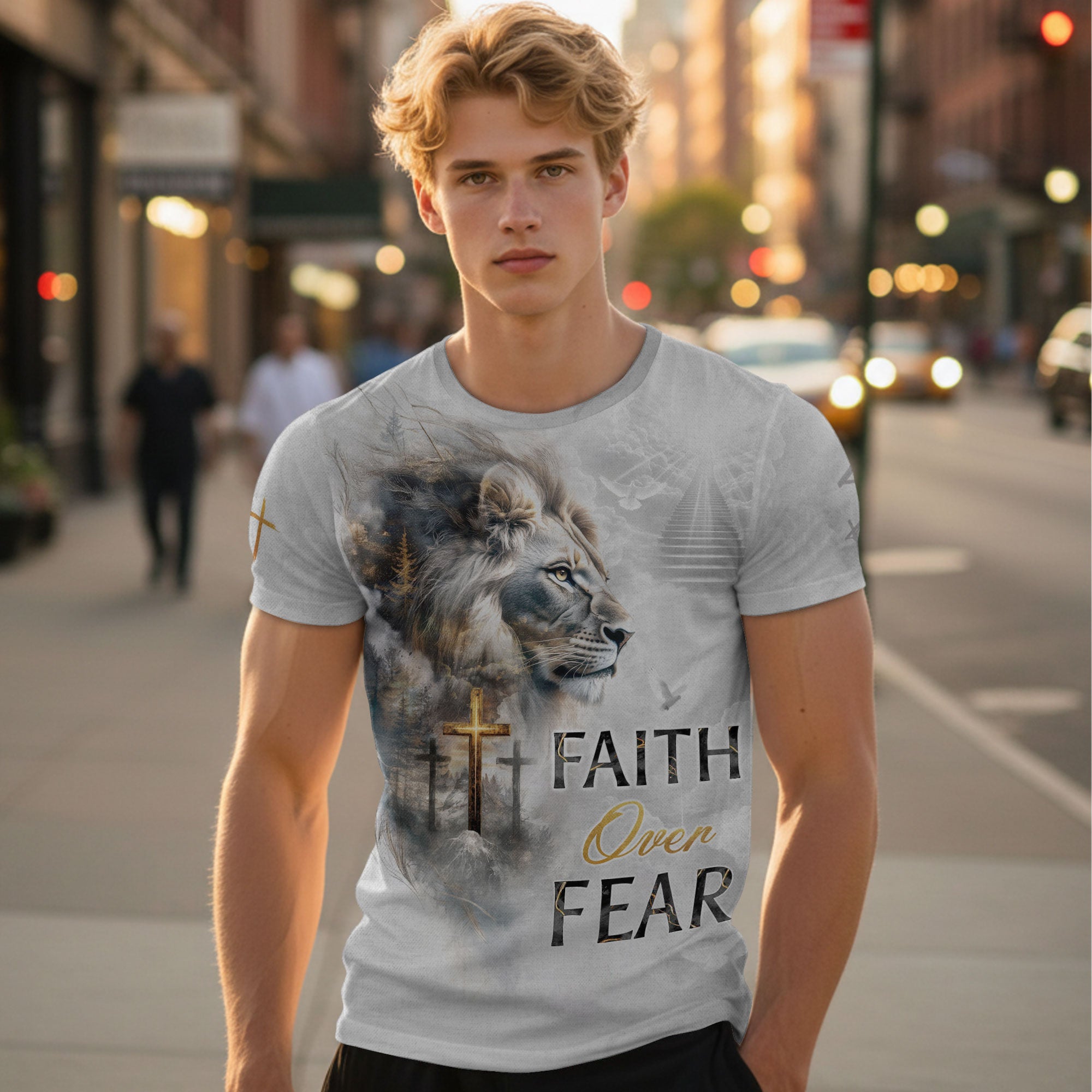 Faith Over Fear Christian T-Shirt Lion Cross White Heaven Design