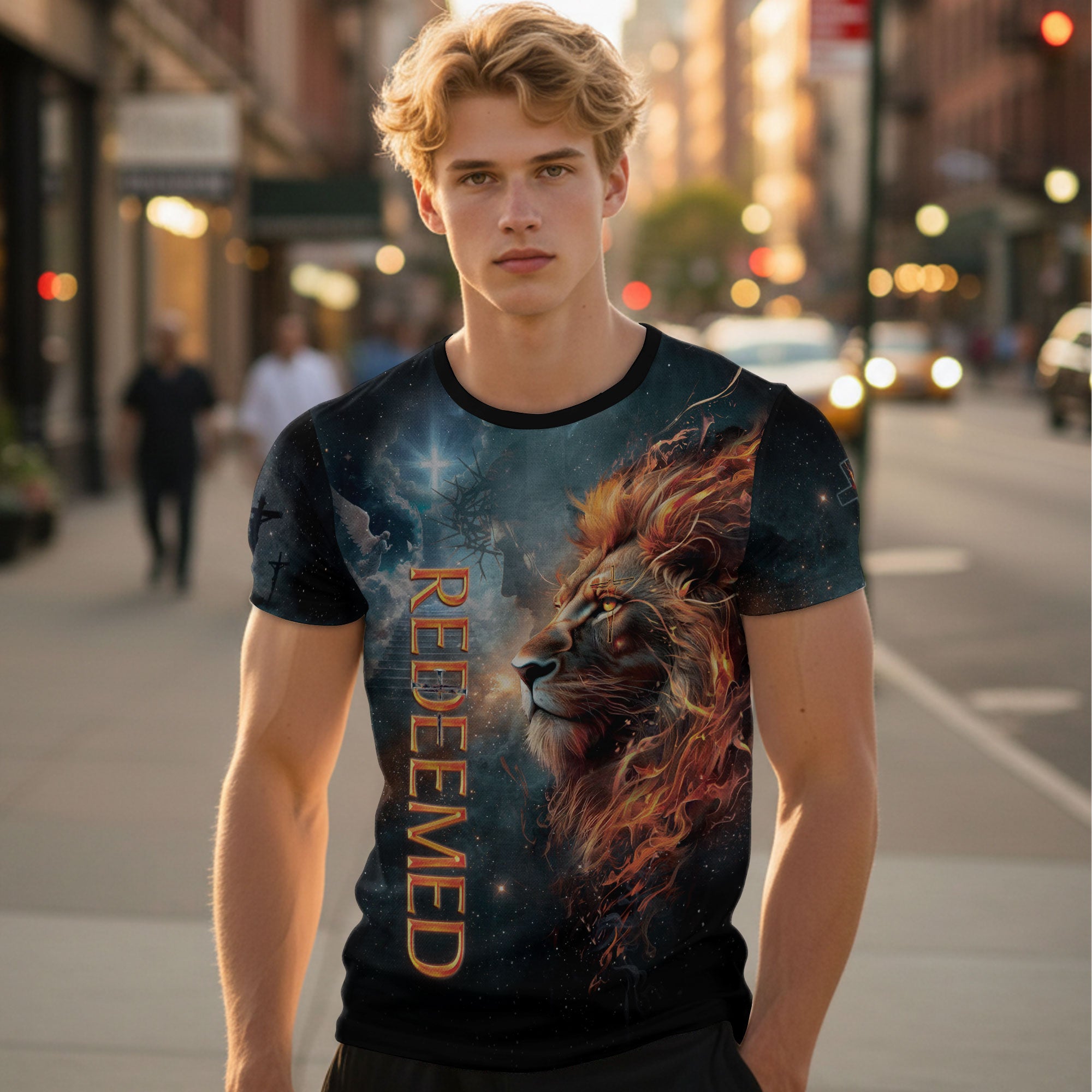 Redeemed Christian T-Shirt Lion Cross Fire Galaxy Design