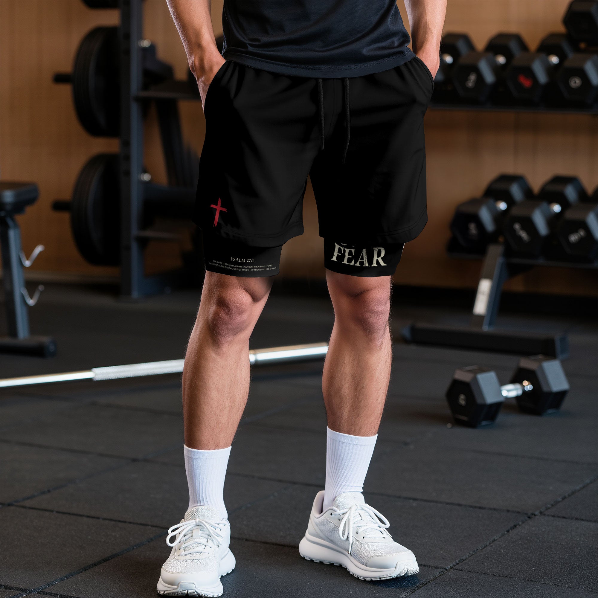 Faith Over Fear Christian Gym Shorts for Men Psalm 27 1 Red Cross