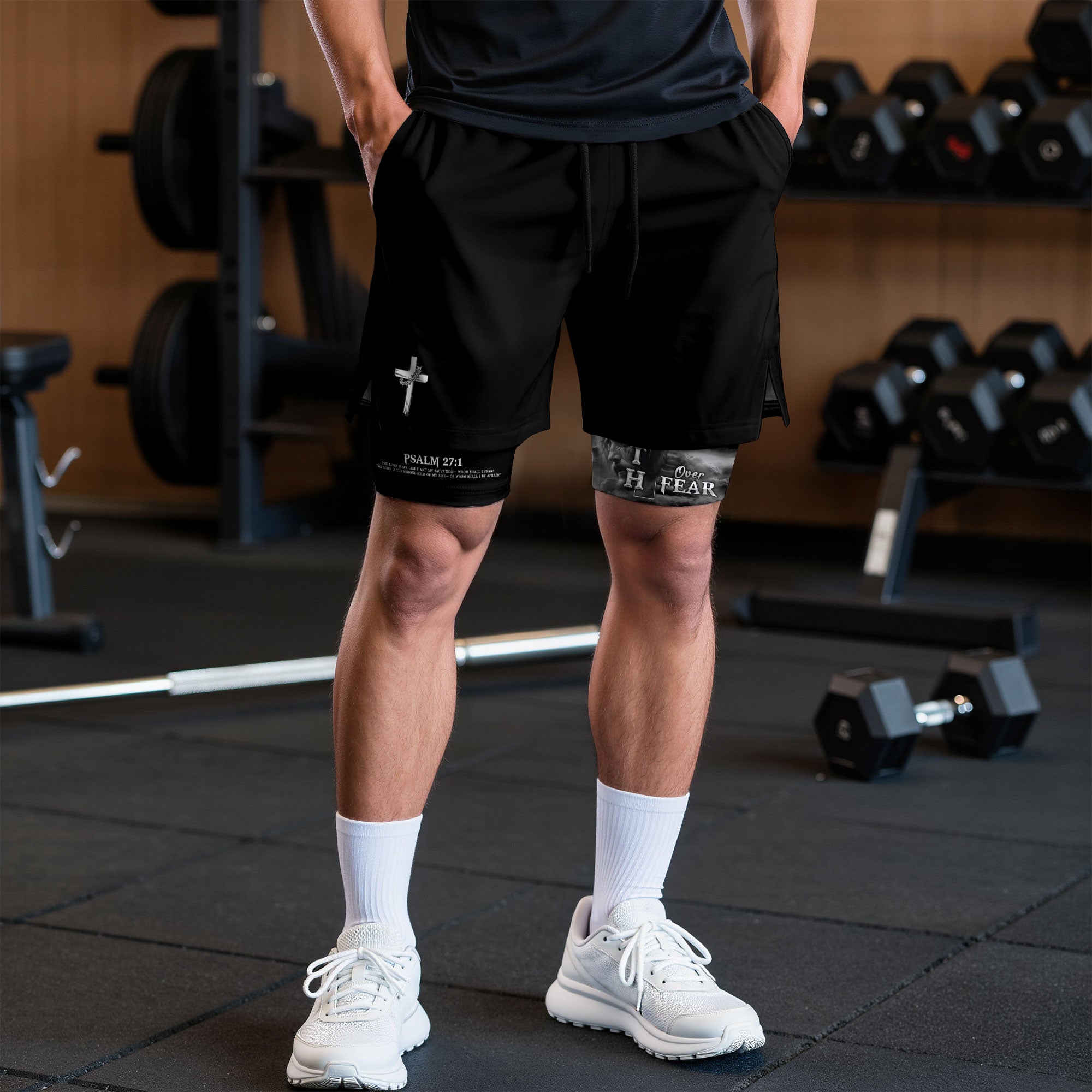 Faith Over Fear Psalm 27:1 Lion Cross Christian Gym Shorts for Men - Rust Field Wear