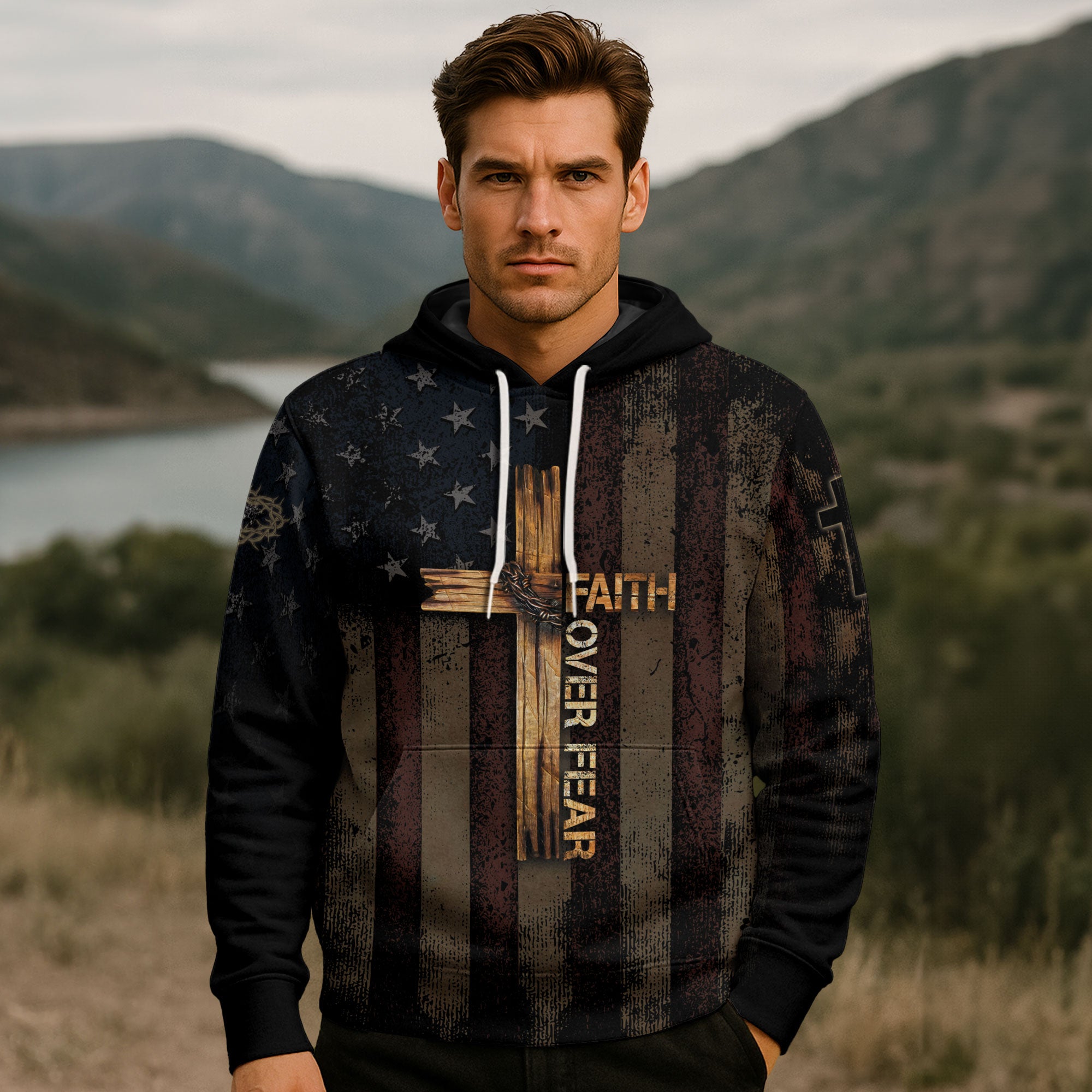 Faith Over Fear Christian Hoodie Cross American Flag Vintage Design