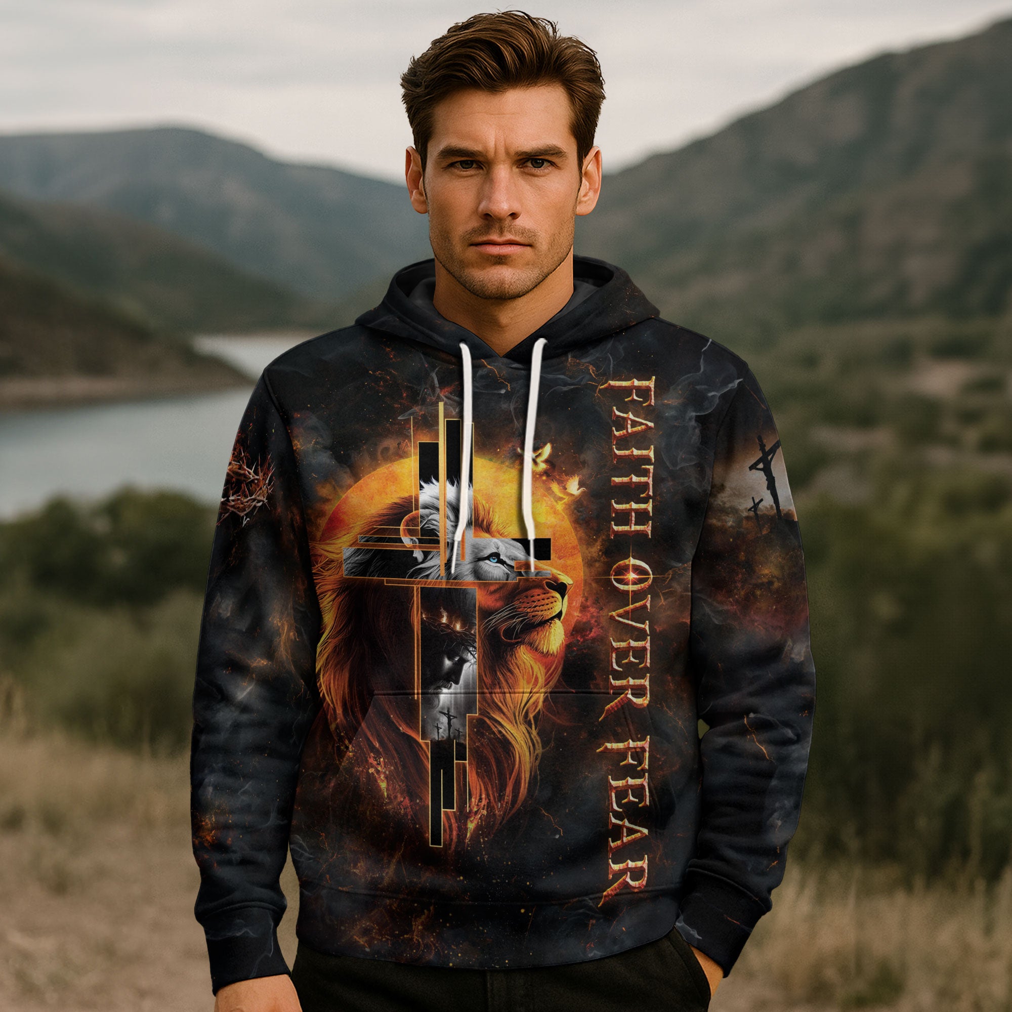 Faith Over Fear Christian Hoodie Lion Cross Jesus Fire Design