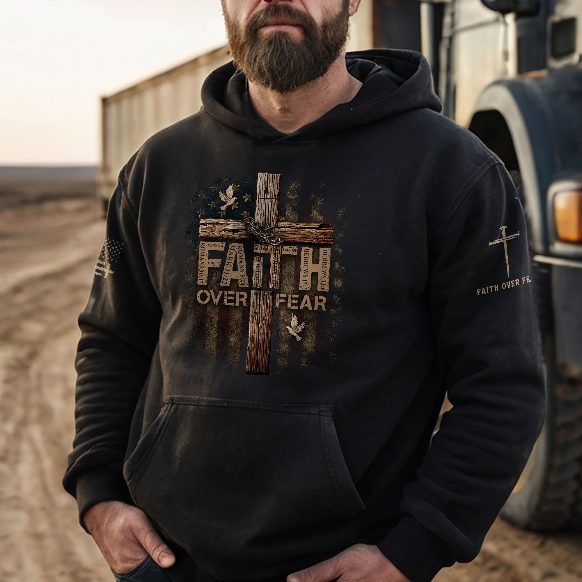 Faith Over Fear Christian Hoodie Bible Verse American Flag Cross Design