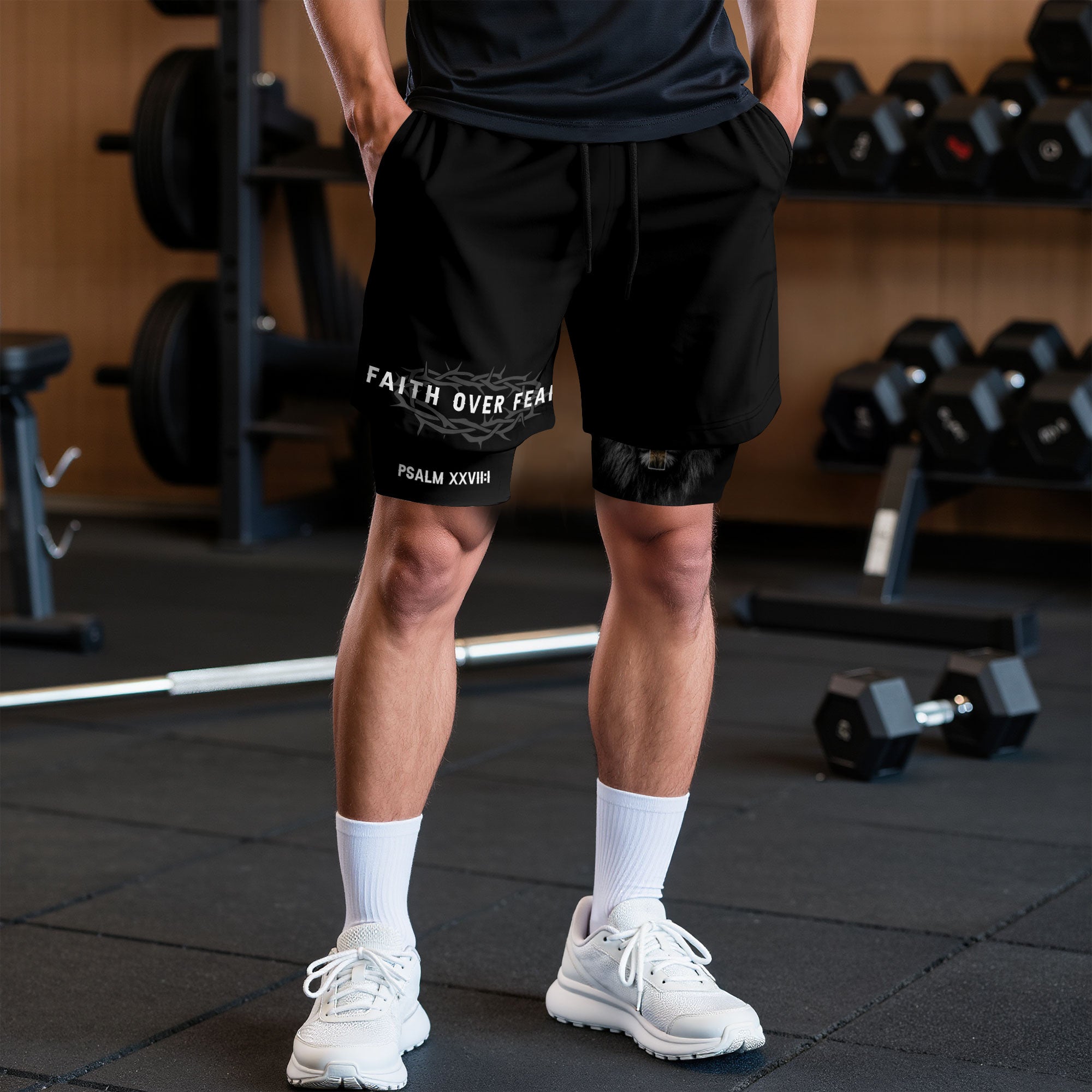 Psalm 27:1 Faith Over Fear Christian Mens Gym Shorts Brown Lion Scripture Design