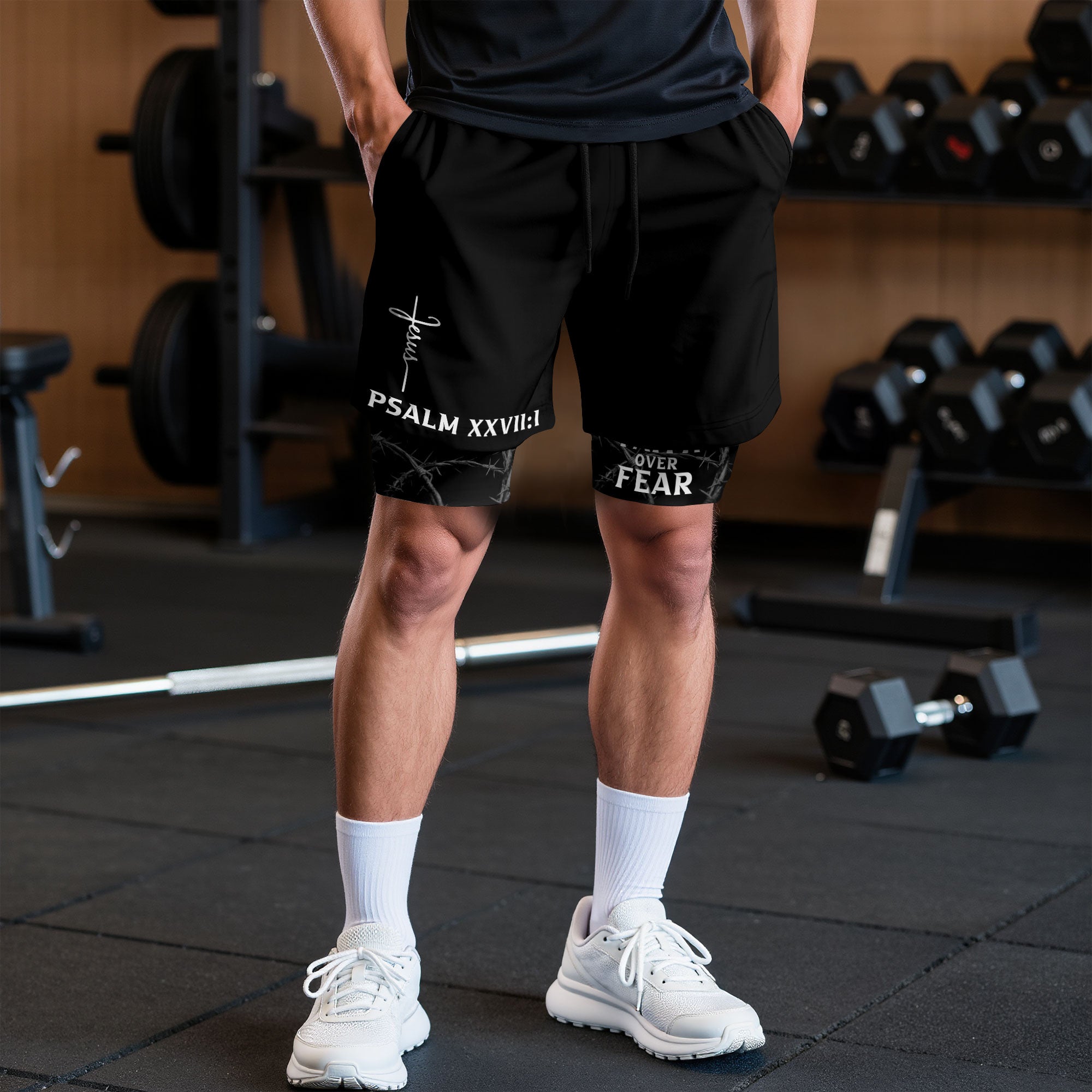 Psalm 27:1 Faith Over Fear Christian Mens Training Shorts Thorns Cross Bible Verse