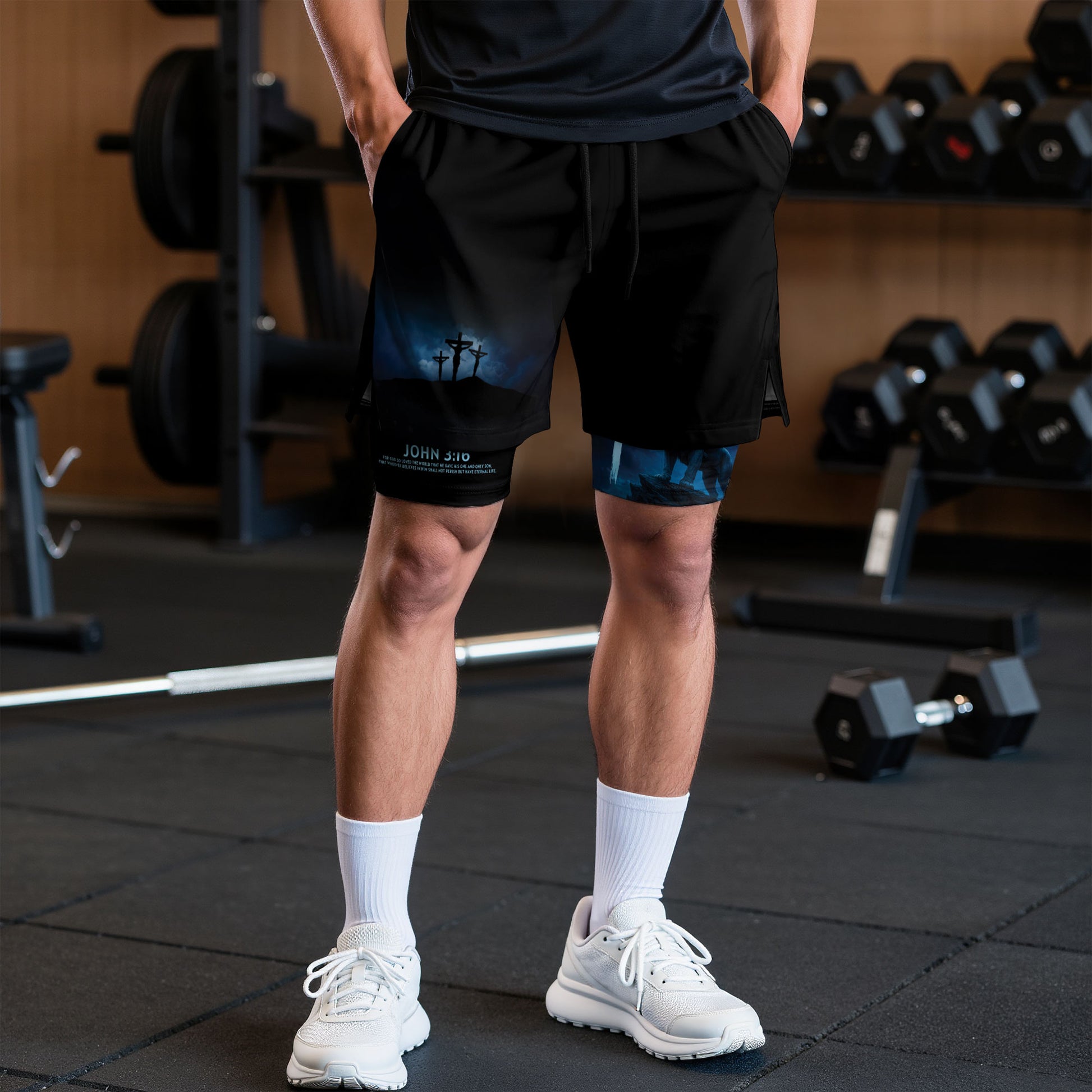 John 3:16 Christian Gym Workout Shorts Men Lion Cross Bible Verse Blue - Rust Field Wear