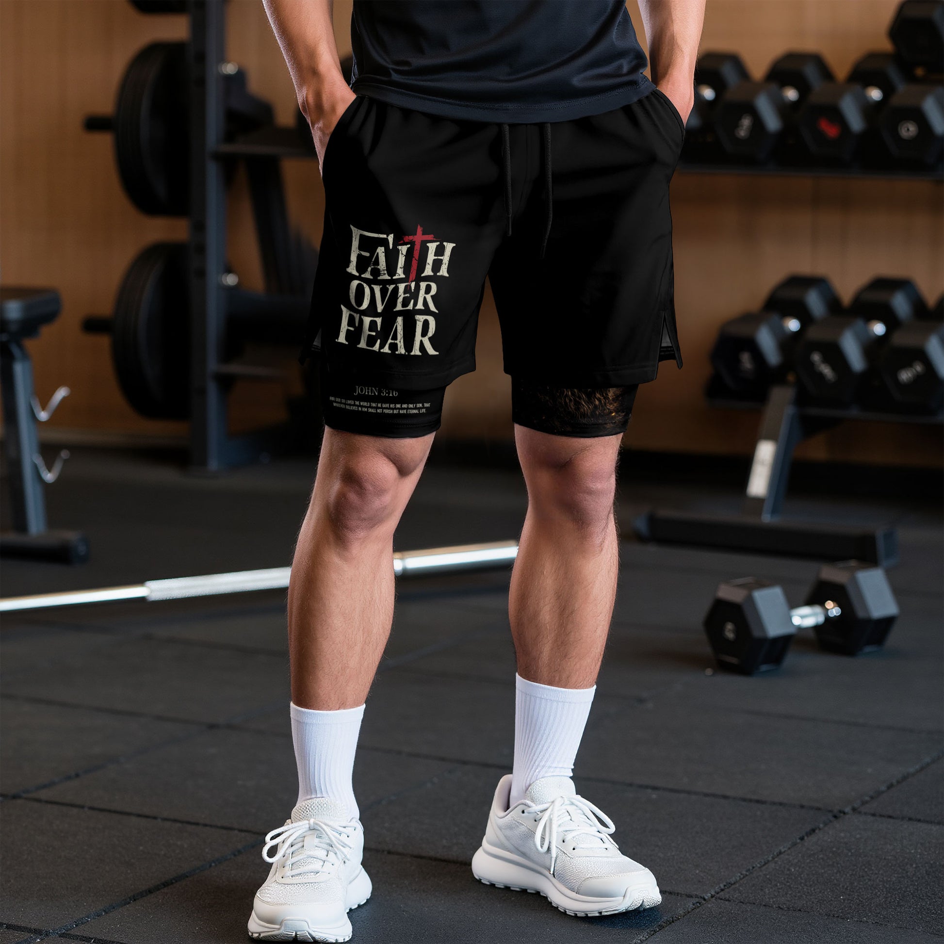 John 3:16 Bible Verse Christian Workout Shorts Men Lion of Judah Faith Over Fear Activewear - Rust Field Wear