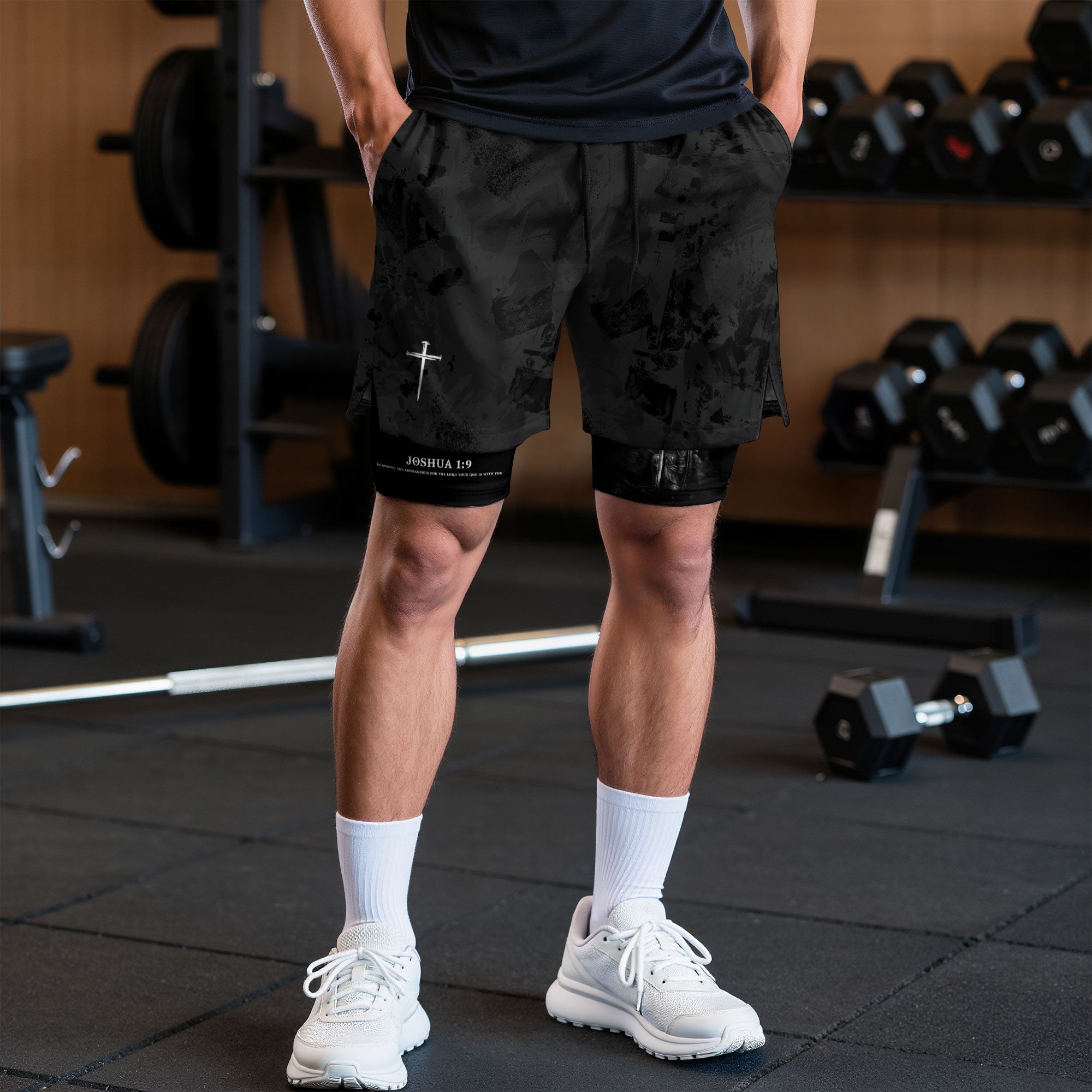 Joshua 1:9 Bible Verse Christian Men Gym Shorts Jesus Knight Kneeling Cross Training Activewear - Rust Field Wear