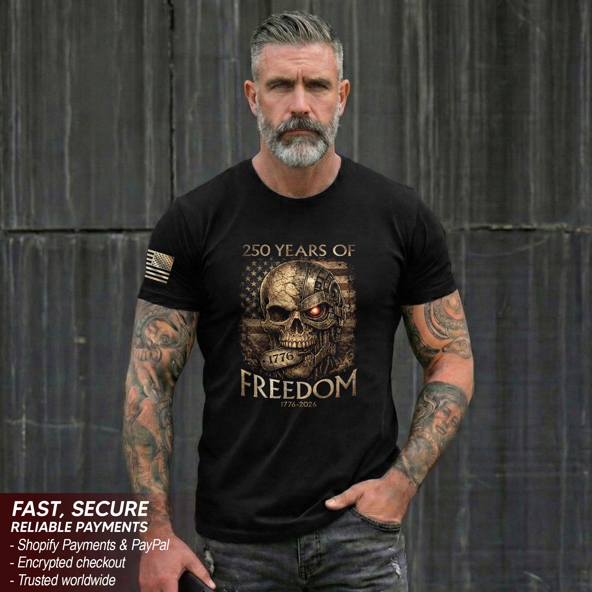 USA 250th Anniversary 250 Years Semiquincentennial Shirt 1776-2026 Mental Strength Freedom Cyborg Skull Patriotic Mens