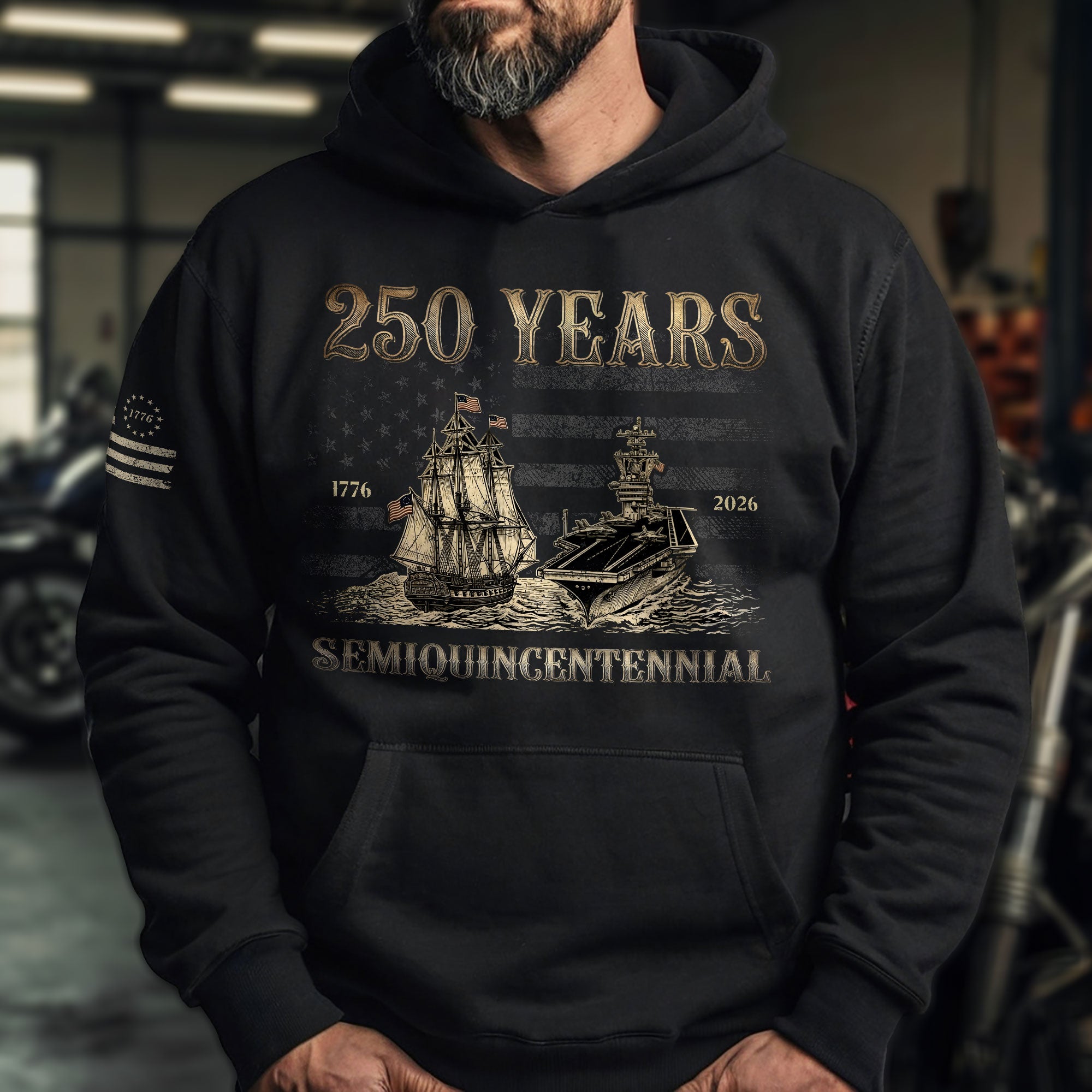 USA 250th Anniversary Hoodie Semiquincentennial 1776-2026 Retro American Sailing Ship Patriotic