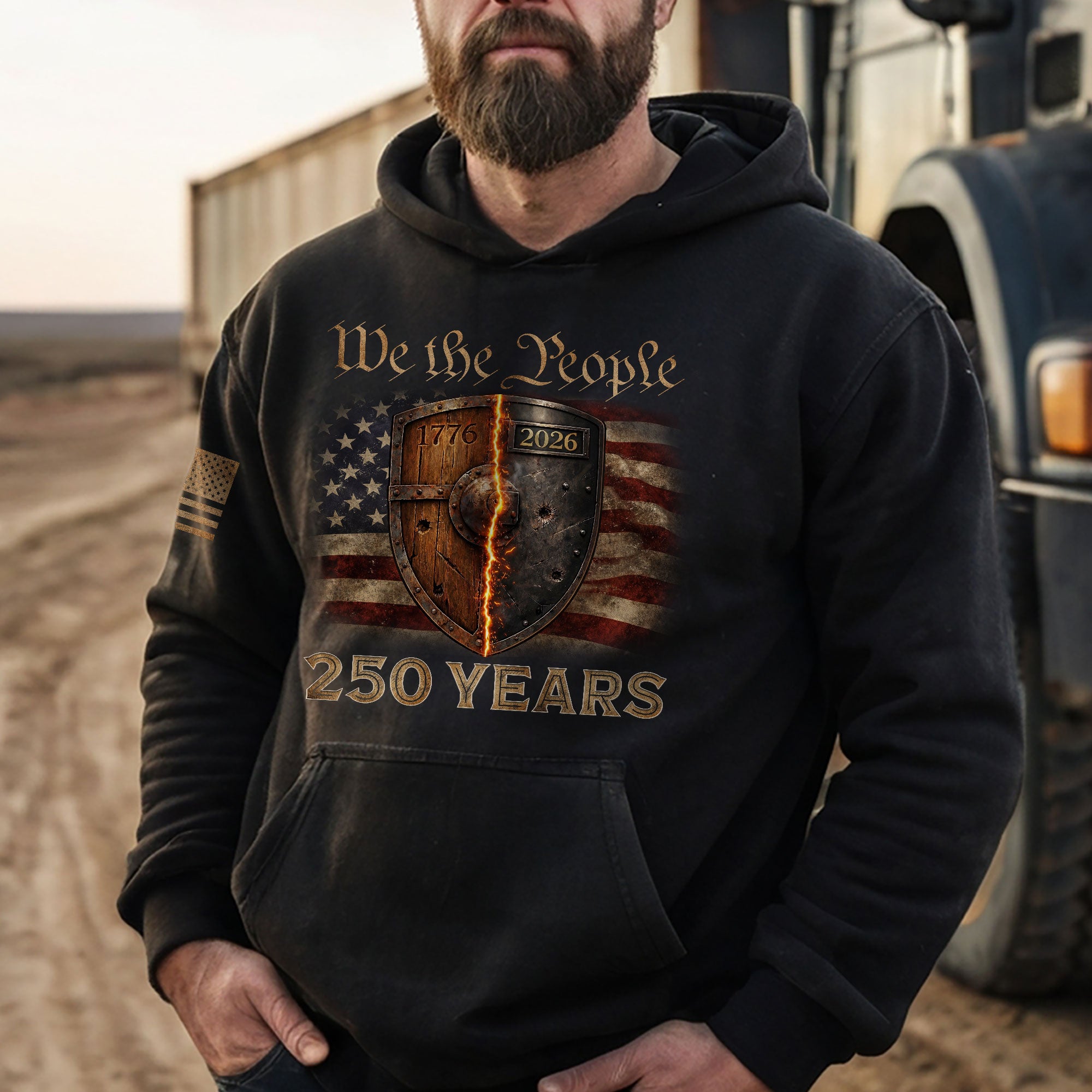 USA 250th Anniversary 250 Years Semiquincentennial Hoodie 1776-2026 Patriotic Burning Shield USA Flag Mens