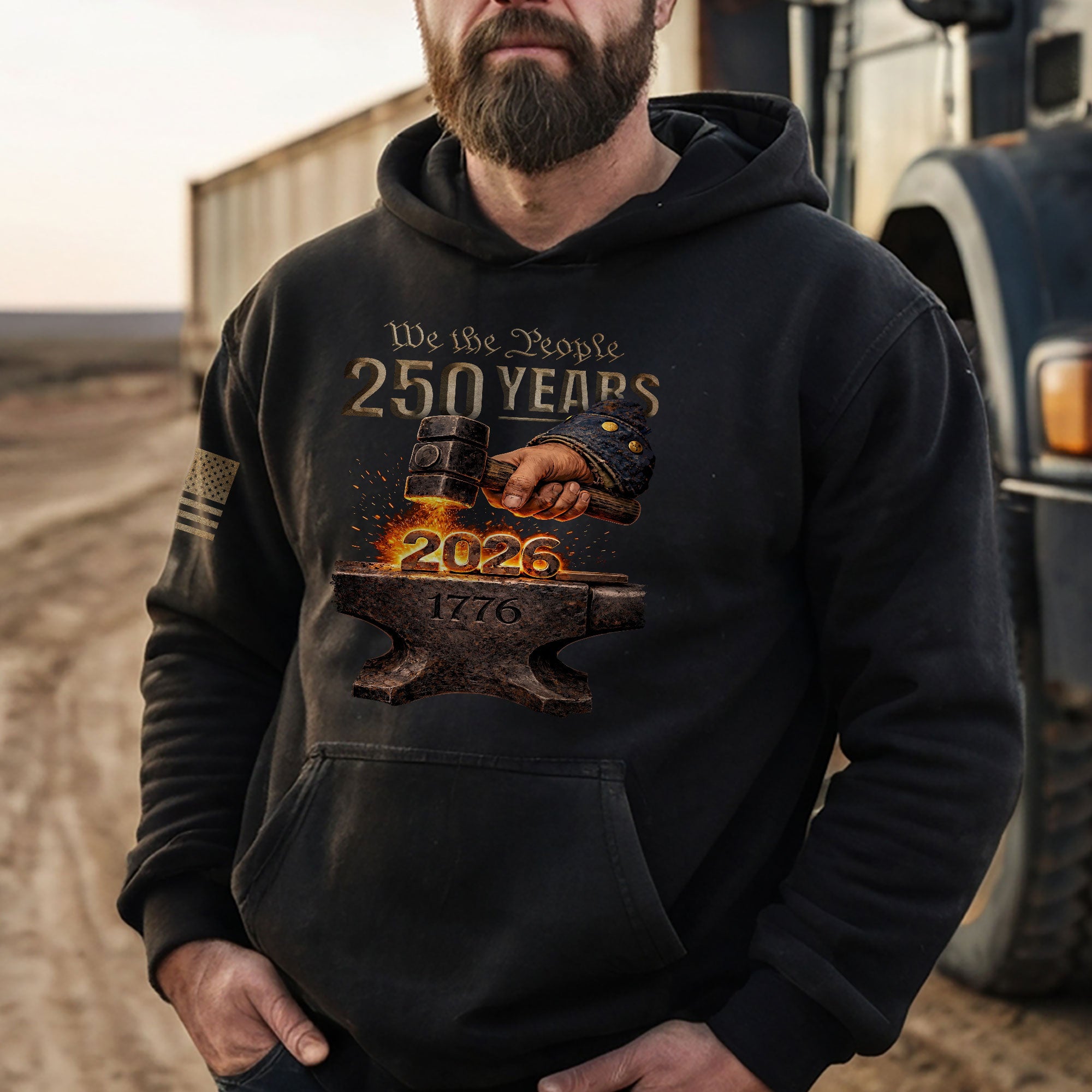 USA 250th Anniversary Semiquincentennial Hoodie 1776-2026 Forged in Liberty Anvil Hammer Patriotic Mental Strength