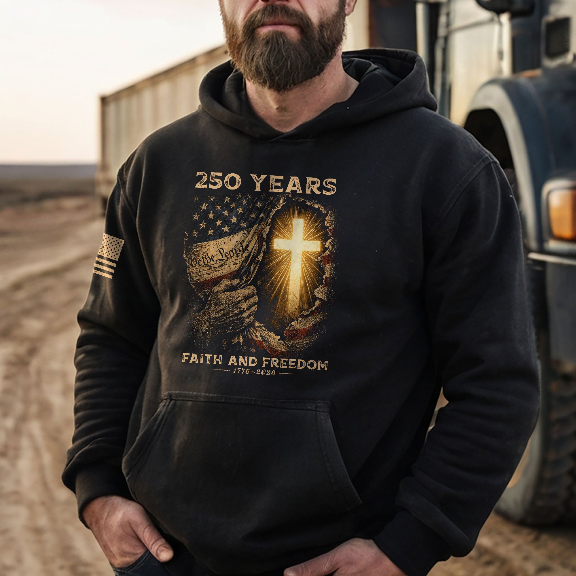 USA 250th Anniversary Hoodie 1776-2026 – Glowing Cross US Flag 250 Years Faith & Freedom Patriotic Hoodie