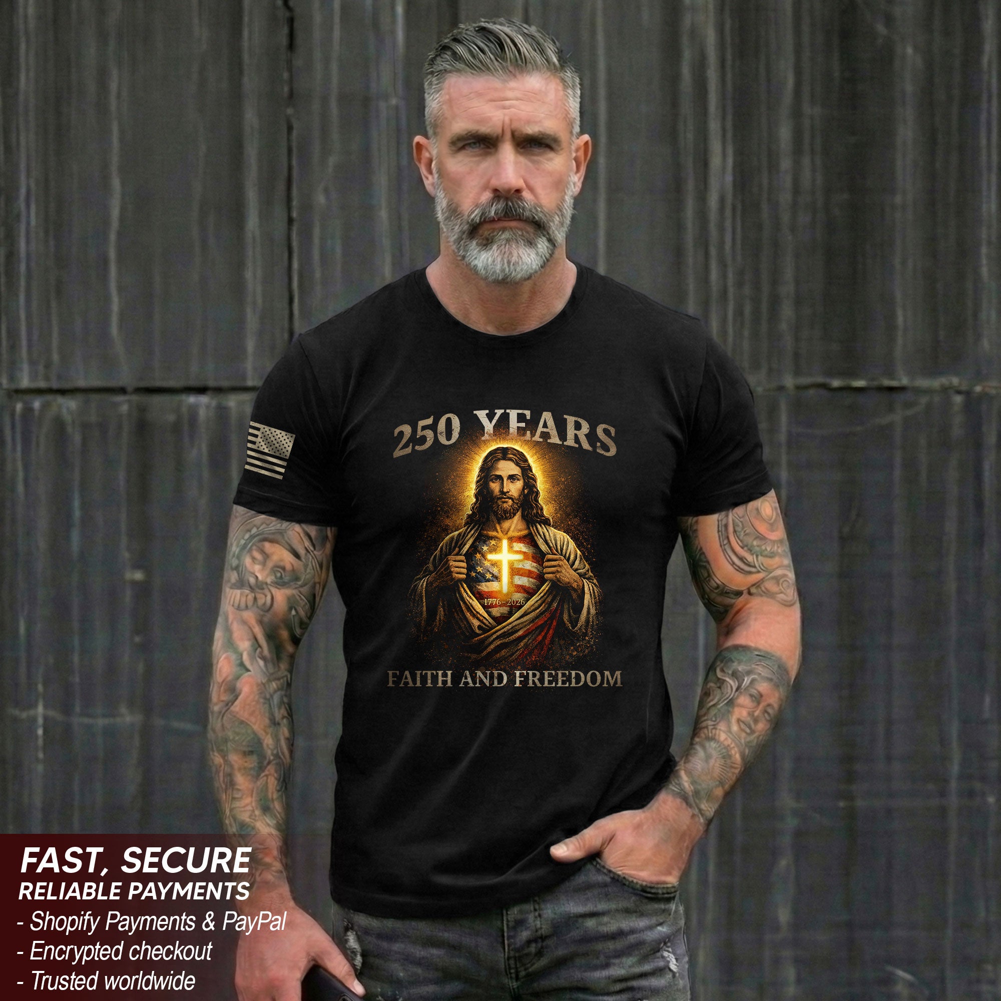 250th Anniversary 250 Years Christian Shirt - Patriotic Jesus with American Flag Heart & Glowing Cross Design