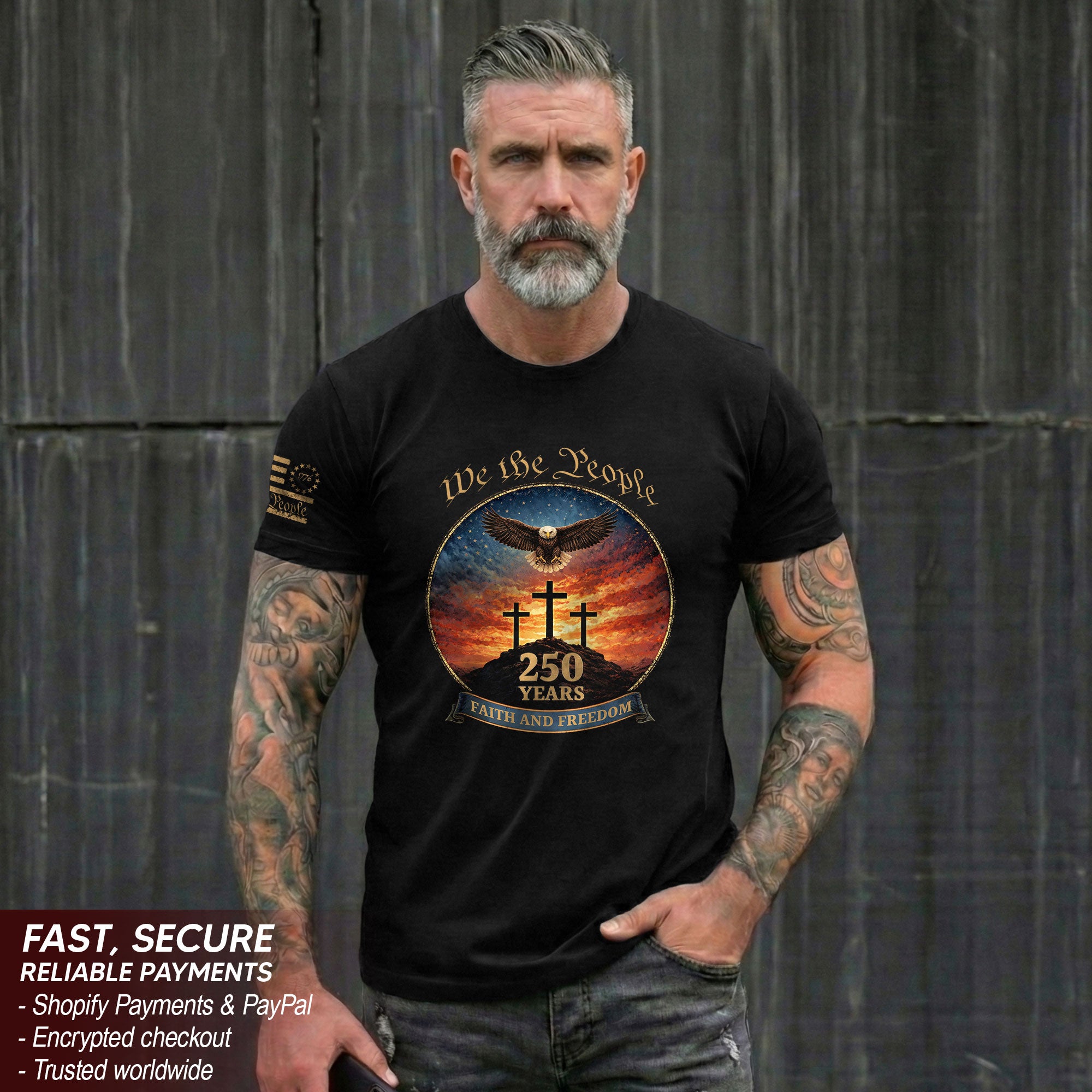 We the People 250th Anniversary T-Shirt - Christian American Patriot Eagle Soaring Over Three Crosses Design
