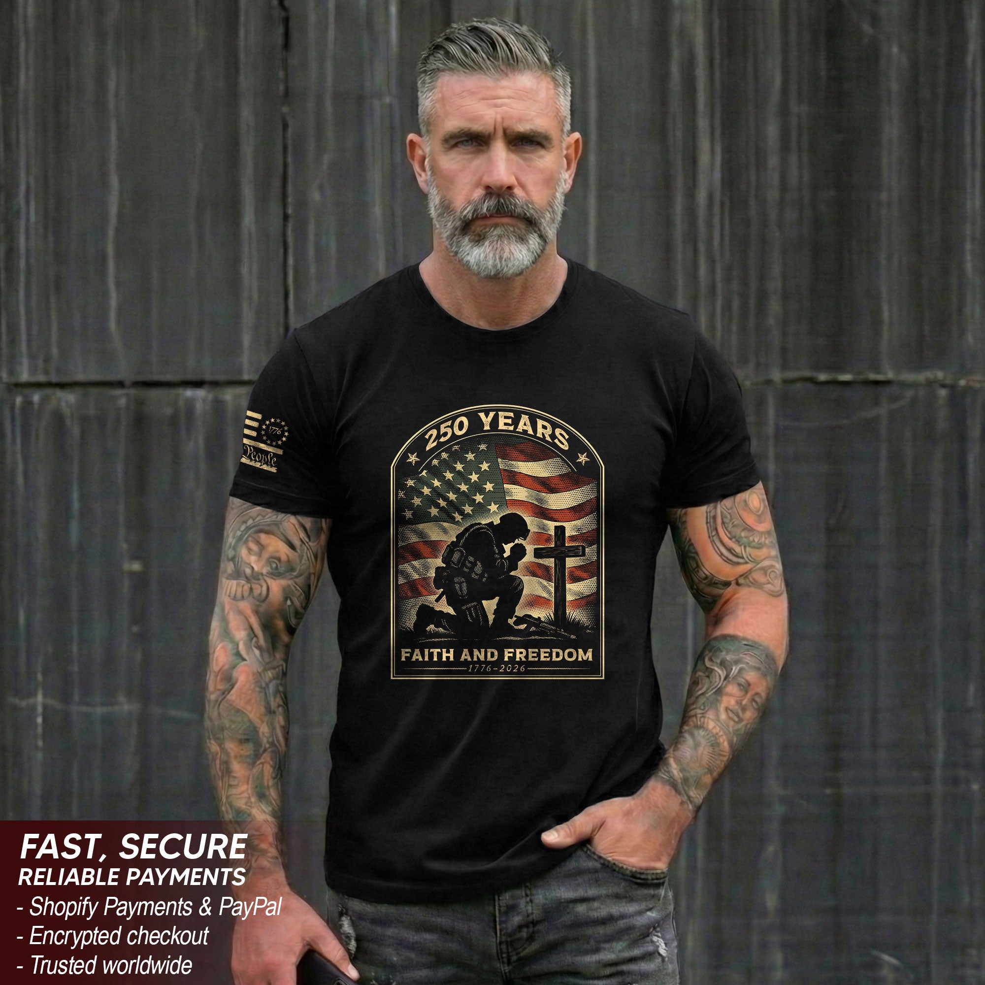 Faith and Freedom 250 Years 250th Anniversary Patriotic T-Shirt - Kneeling Soldier Prayer & American Flag Graphic Tee