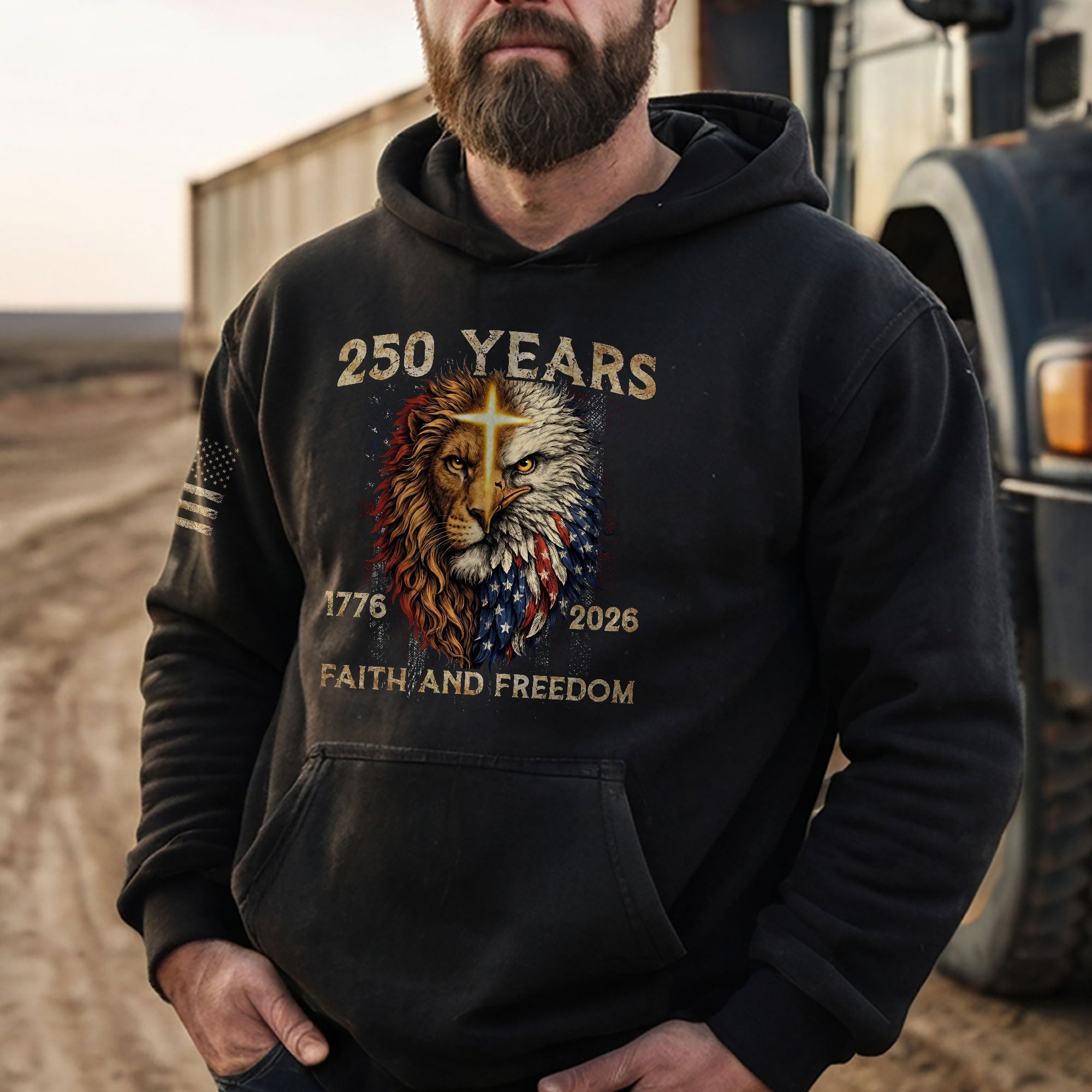 USA 250th Anniversary 1776-2026 Semiquincentennial Hoodie – Christian Faith and Freedom Lion of Judah American Flag Men’s Apparel