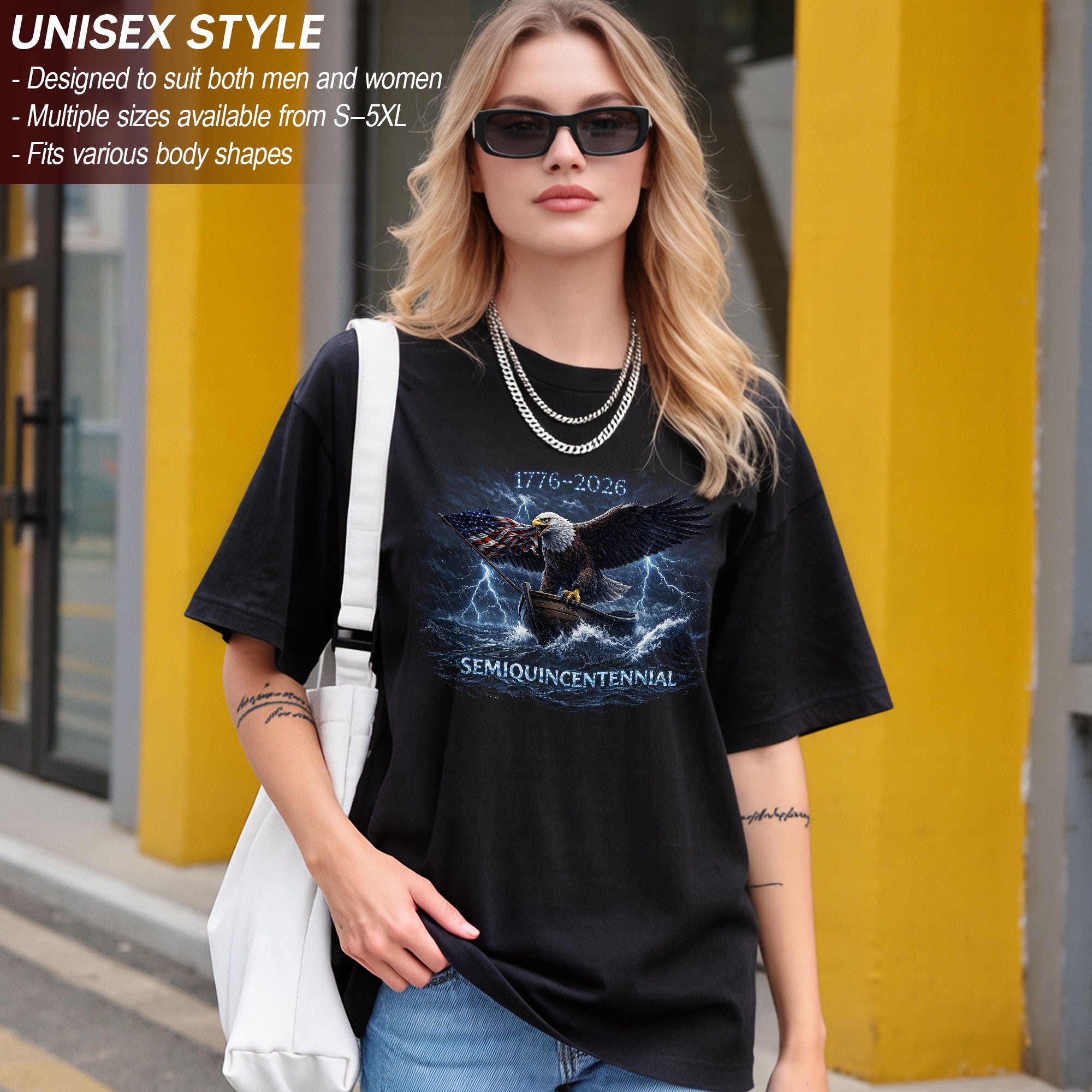 1776–2026 Semiquincentennial Bootleg Eagle Tee – Storm Flag Graphic 250 Years of America
