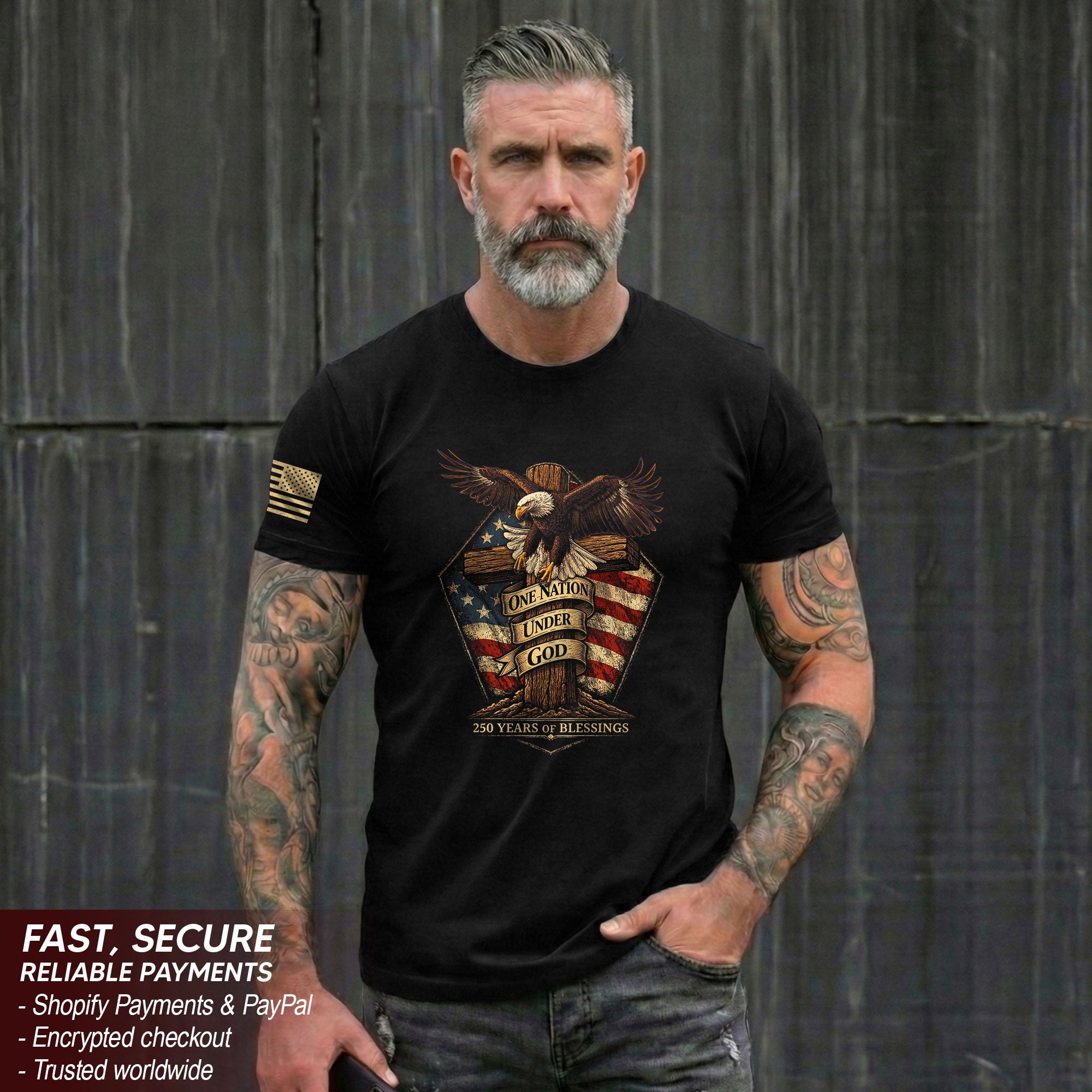 American Faith 250 Years of Blessings T-Shirt - One Nation Under God Eagle & Cross Design