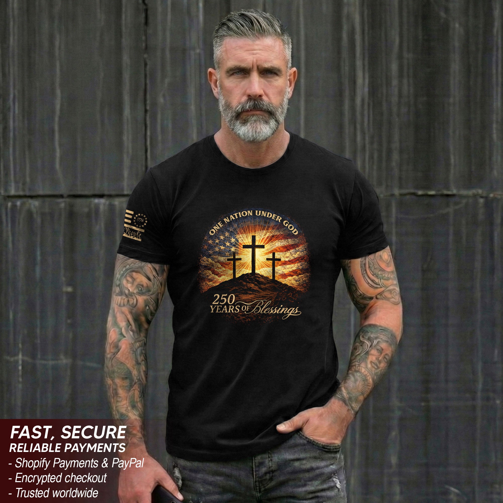 250 Years of Blessings One Nation Under God Shirt - 250th Anniversary Commemorative Crosses & Flag Tee