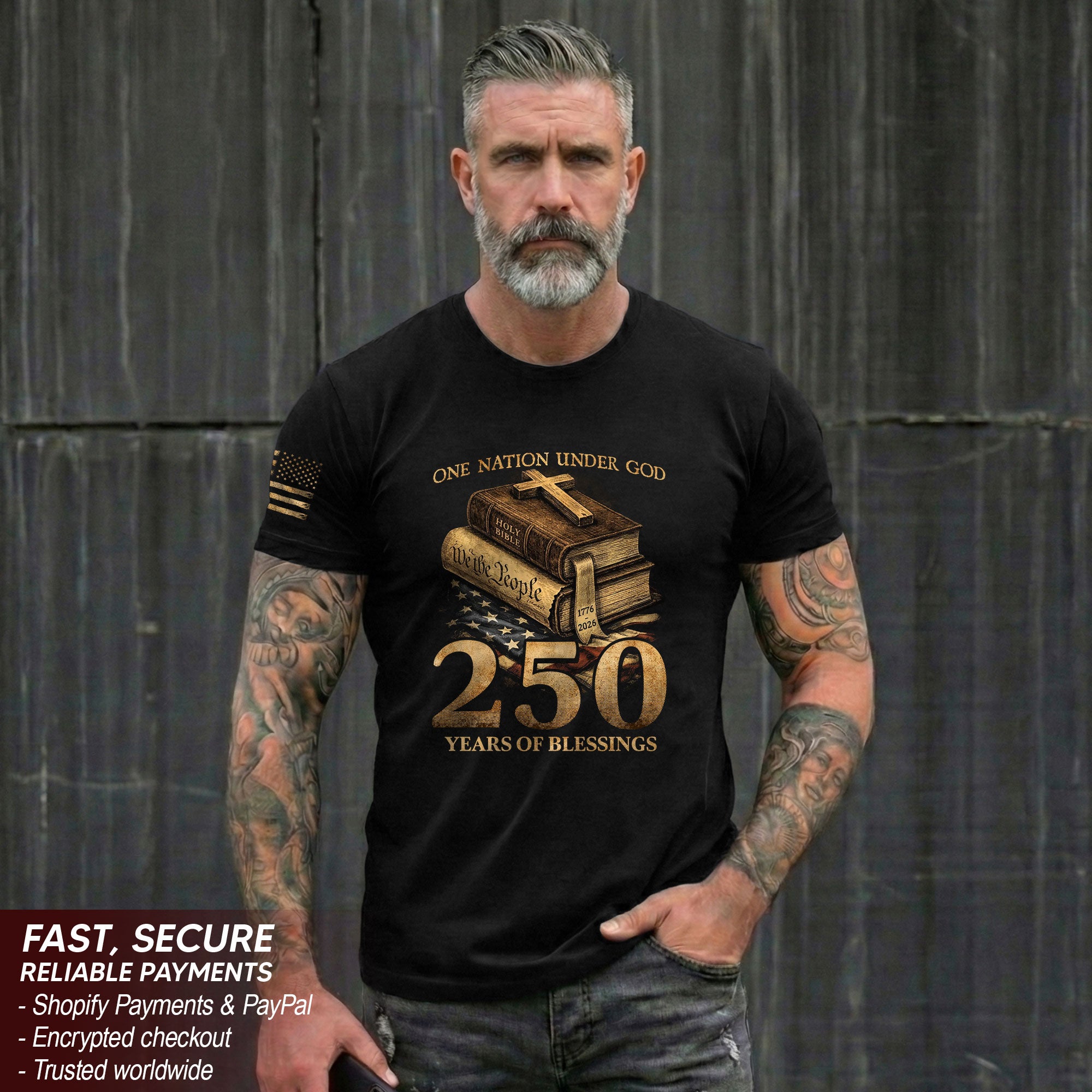 250 Years of Blessings T-Shirt - Religious Patriotic One Nation Under God Liberty Bell & US Flag Tee