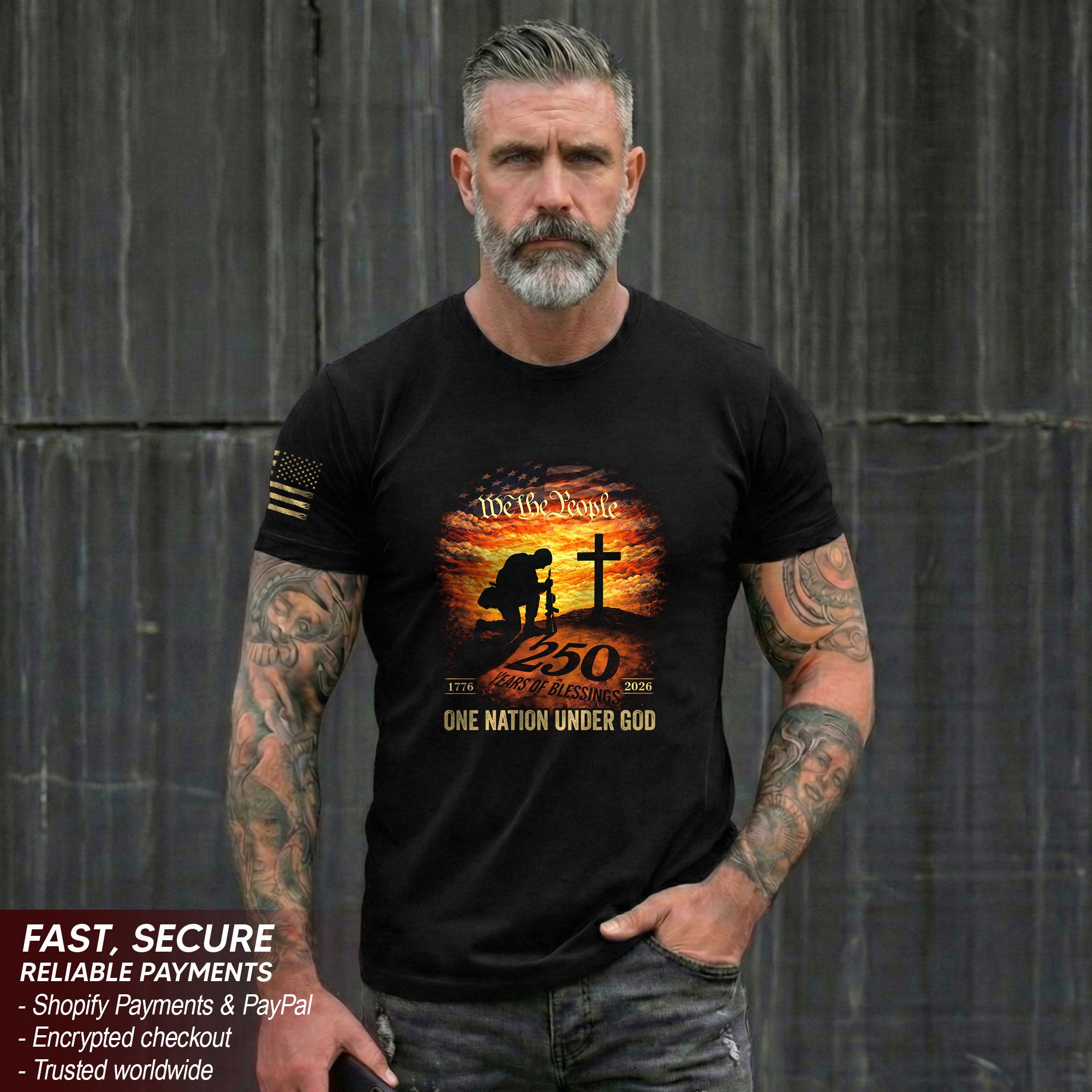 250 Years of Blessings T-Shirt - One Nation Under God Patriotic Soldier Prayer & US Flag Tee