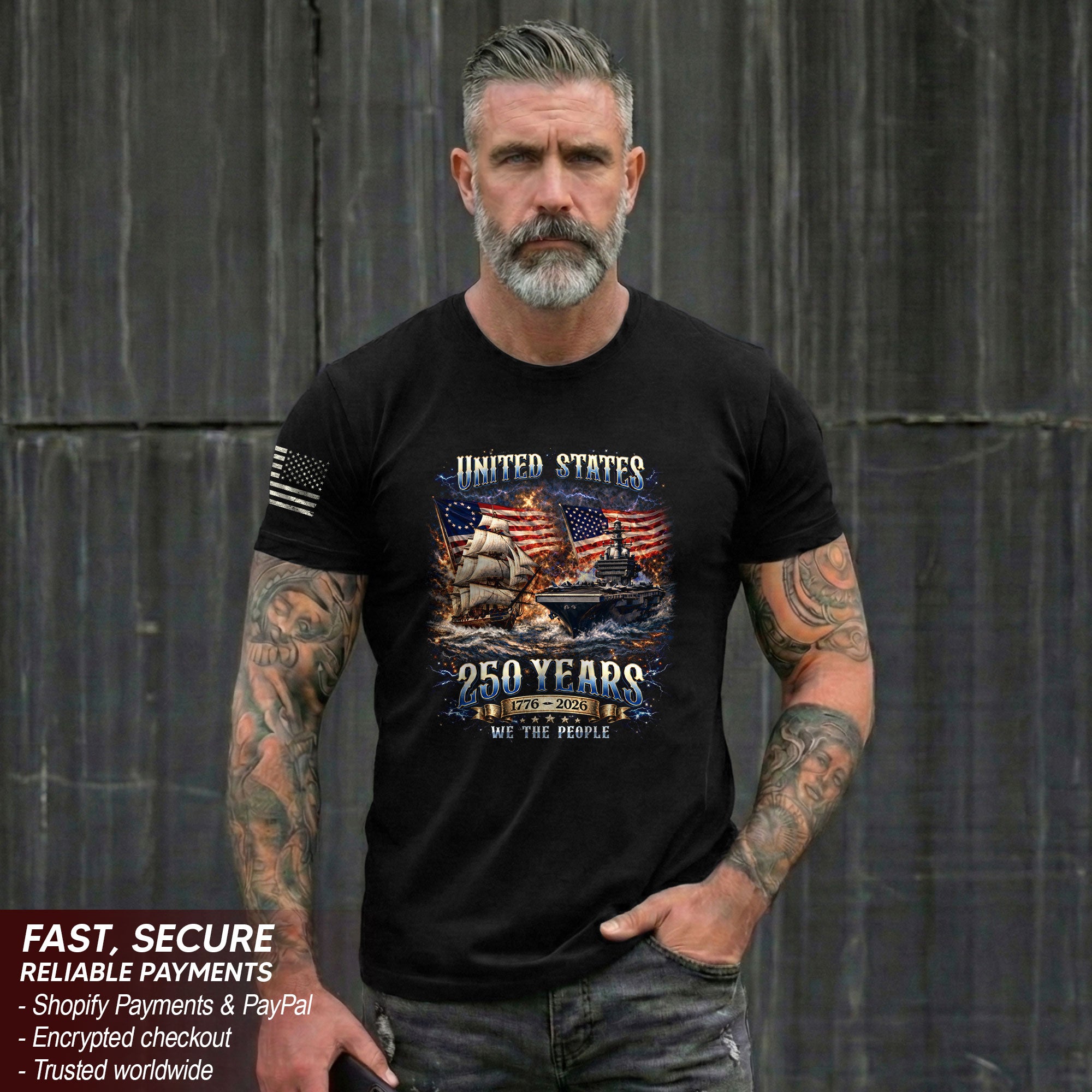 1776-2026 250th Anniversary Flag T-Shirt - 250 Years United States Navy Bootleg Tee, America 250th Birthday Freedom Apparel - Rust Field Wear