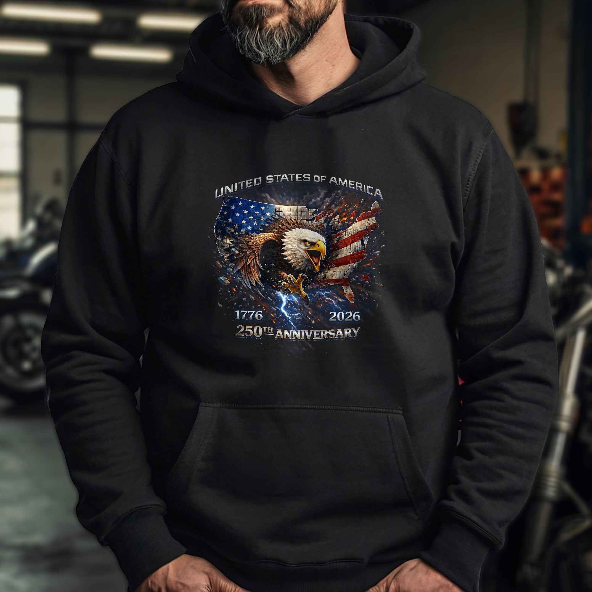 Semiquincentennial USA 250th Anniversary Hoodie – 1776–2026 Eagle Lightning Graphic