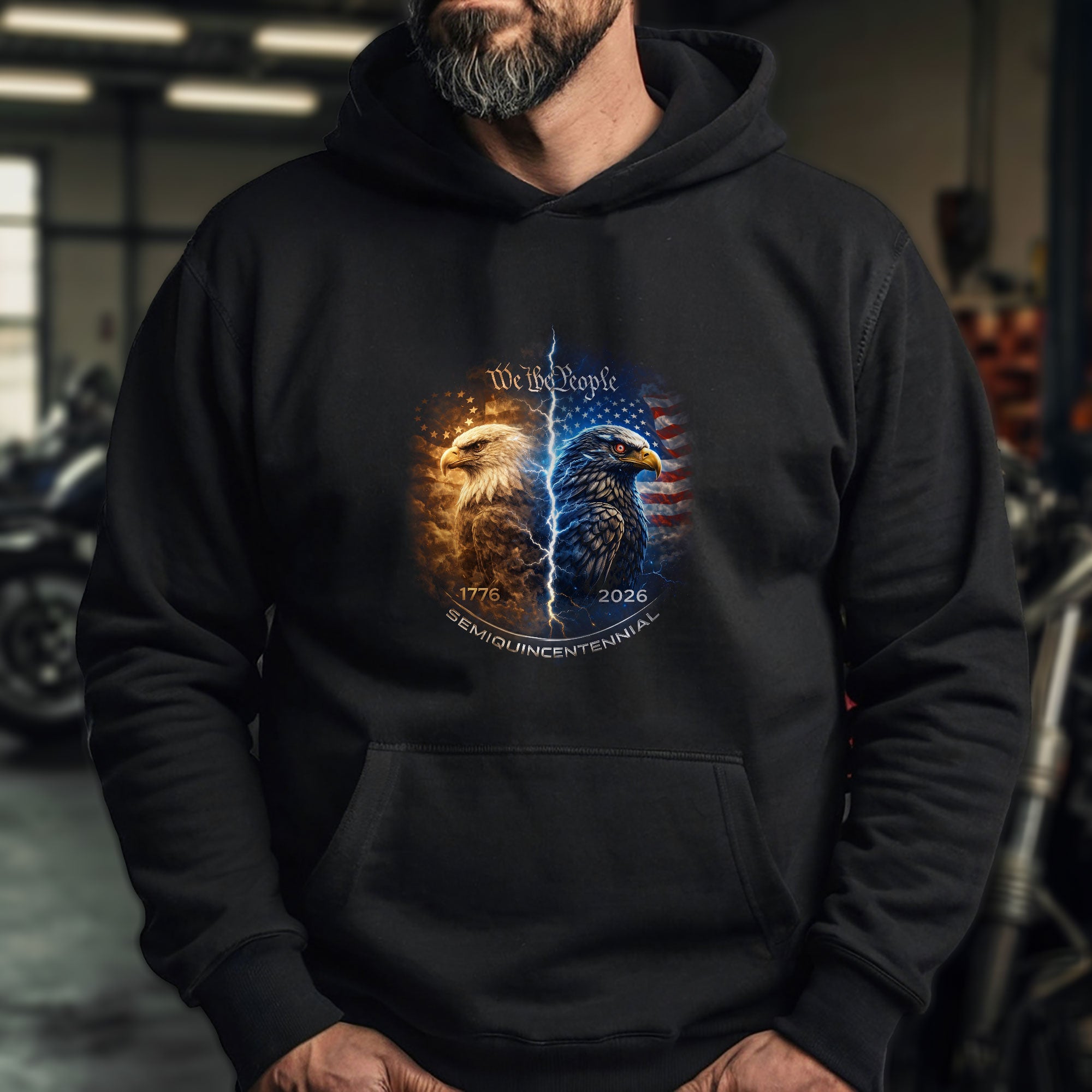 1776-2026 250 Years America Anniversary Hoodie - Vintage Bootleg We The People Hoodie, Fire & Ice Symmetrical Eagle Graphic