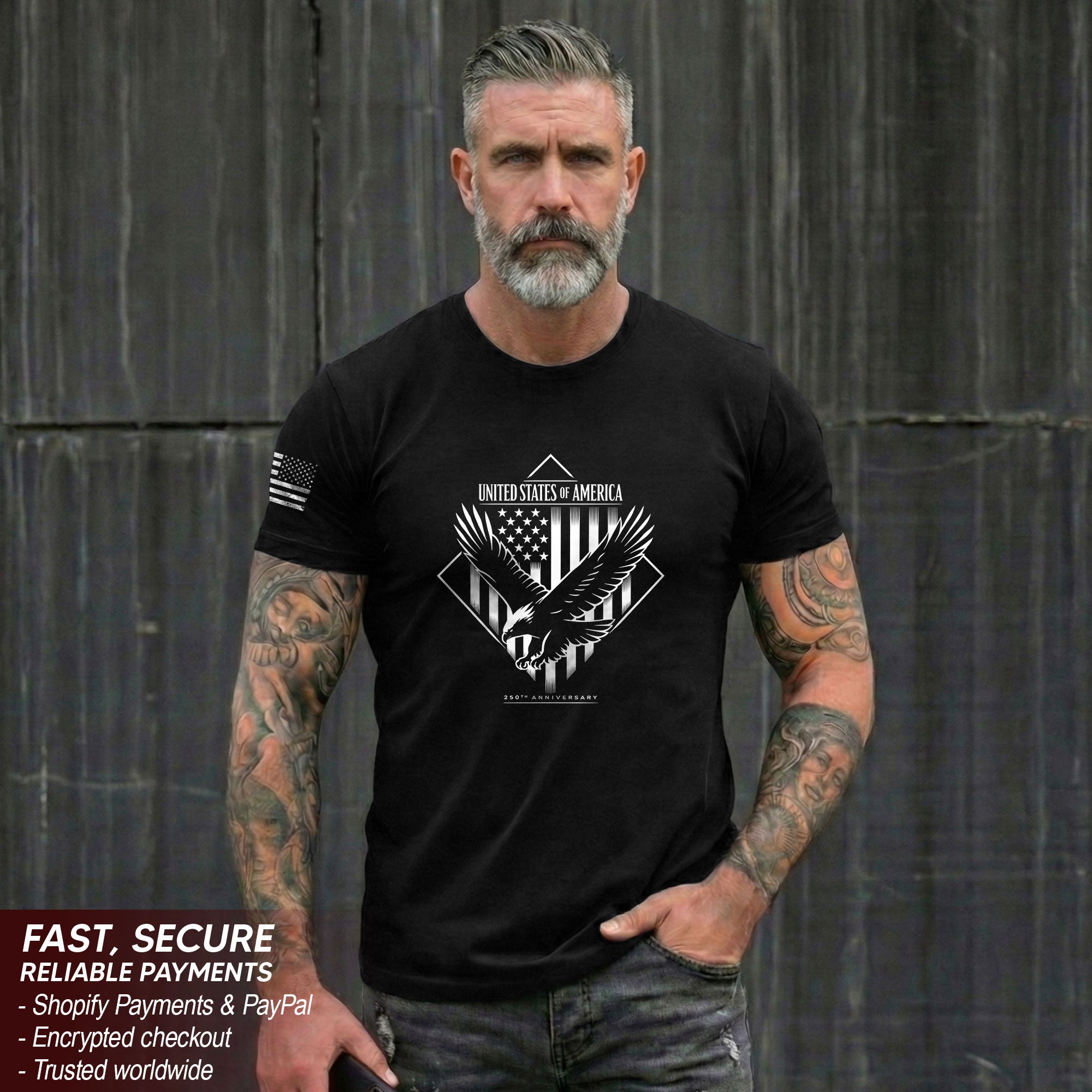 America 250th Anniversary T-Shirt - White Eagle & Flag Semiquincentennial Minimalist Men's Tee