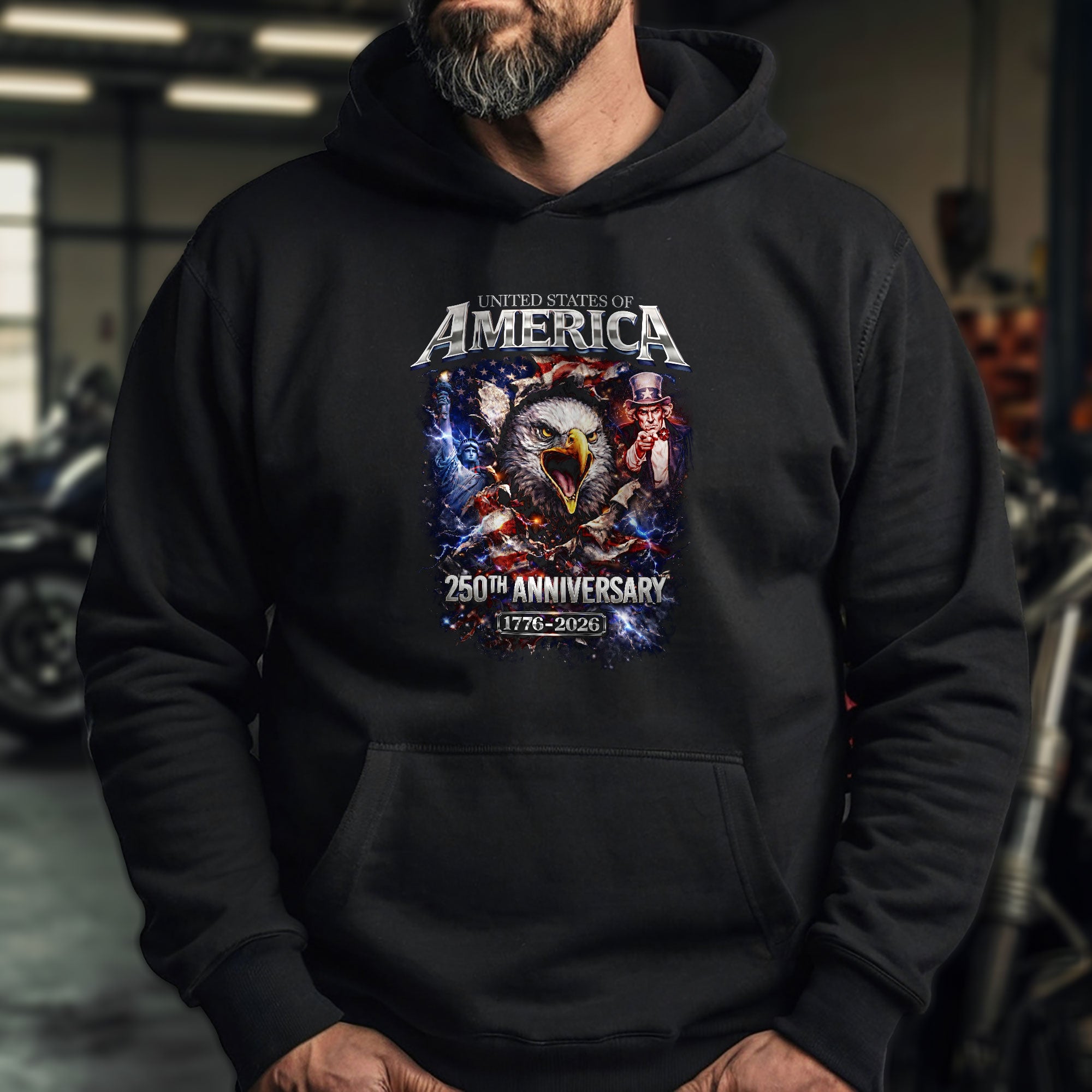 USA 250th Anniversary 1776-2026 Semiquincentennial Hoodie – Uncle Sam Bald Eagle Flag Patriotic 250th Birthday Men’s Hoodie