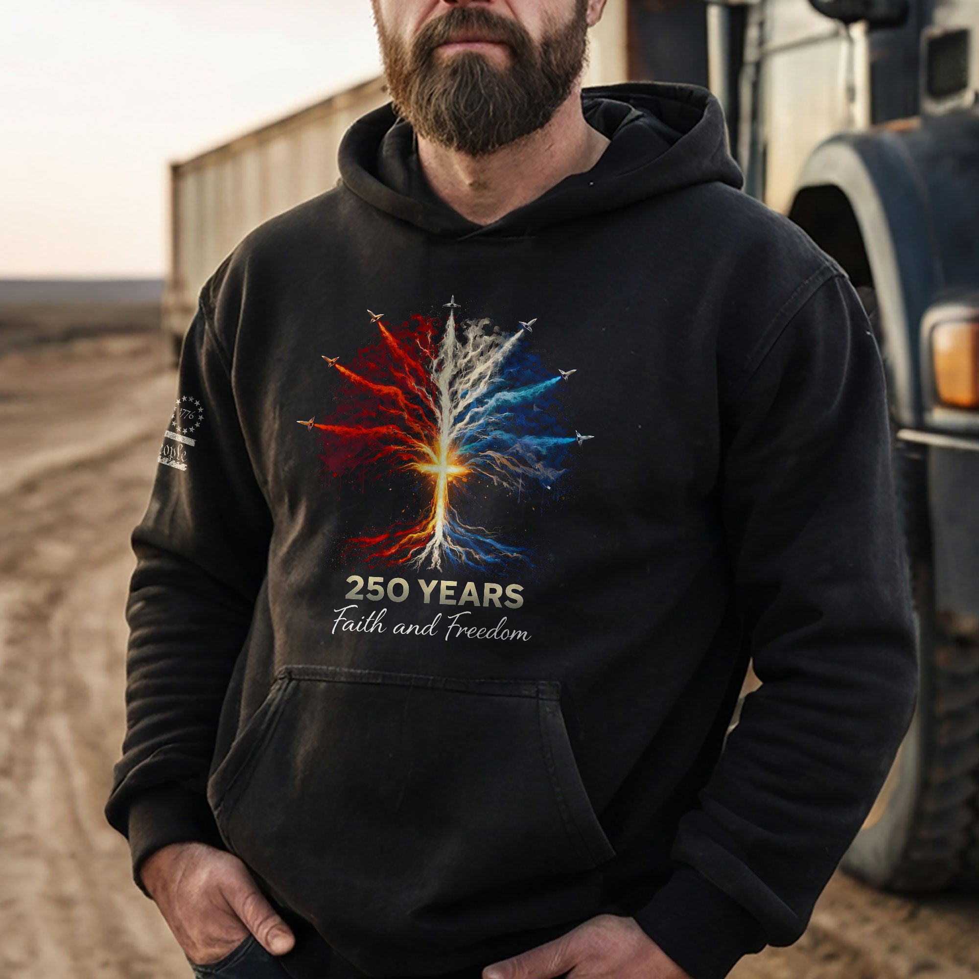 USA 250th Anniversary Hoodie 1776-2026 – Tree of Life Jet Fighter Faith & Freedom Patriotic Men’s Hoodie