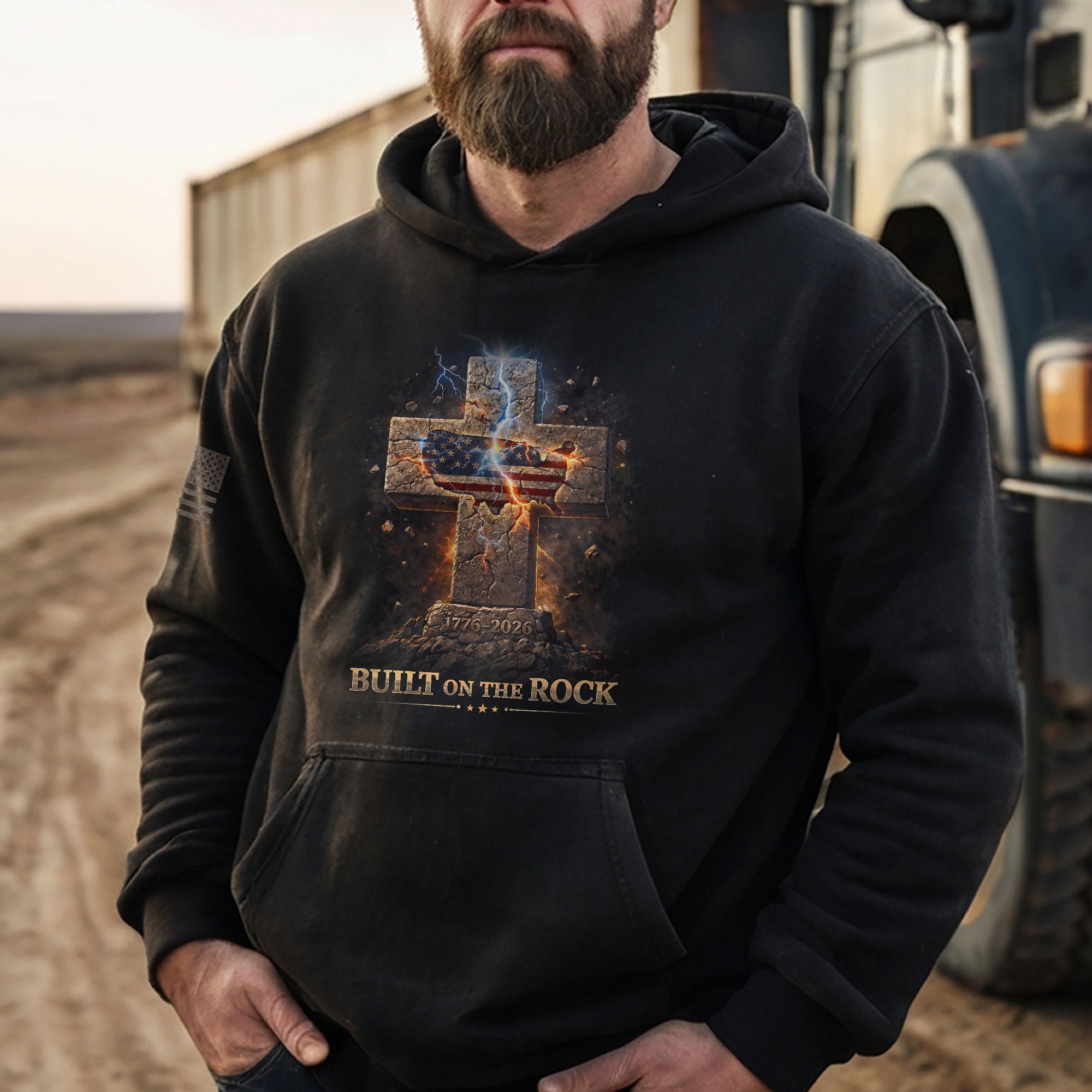 America 250th Anniversary Hoodie 1776-2026 – Built on the Rock 250 Years of Faith Christian Cross Patriotic Hoodie