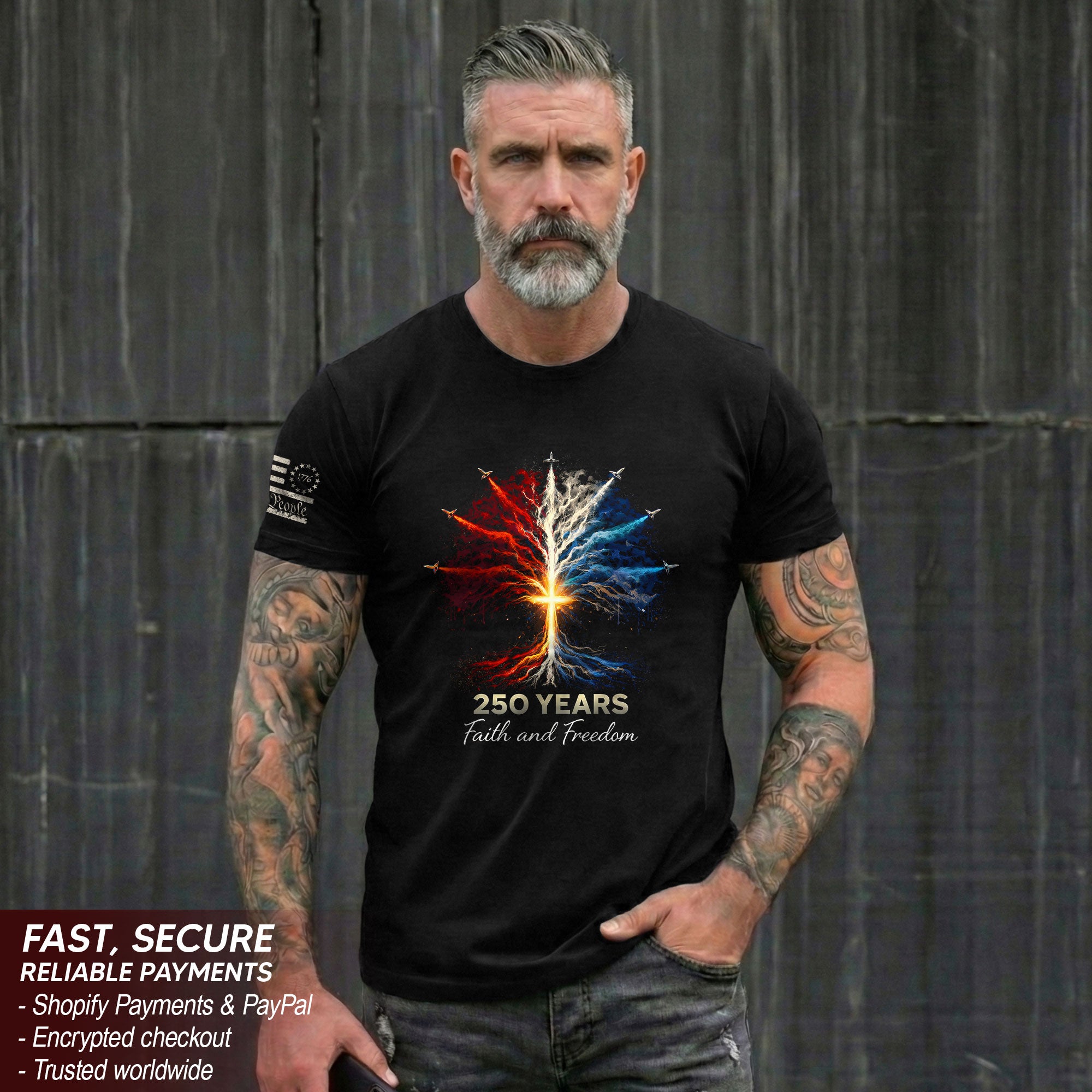 USA Semiquincentennial 250 Years Faith and Freedom 1776–2026 Patriotic Cross Fireworks T-Shirt