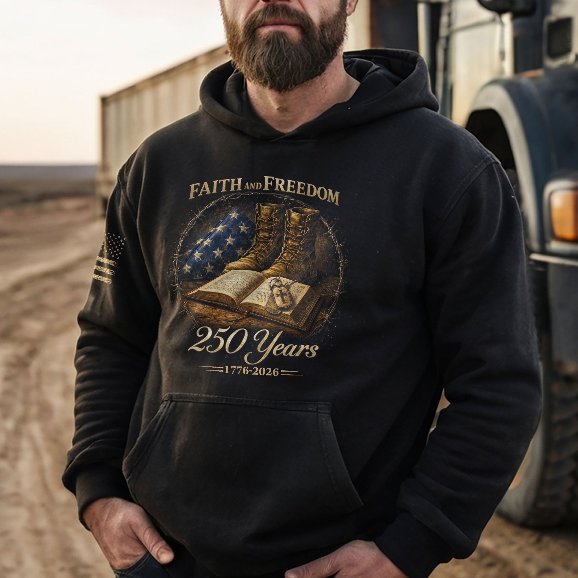 America 250th Anniversary 1776-2026 Semiquincentennial Hoodie – Faith and Freedom Christian Bible & Military Boots Patriotic Men’s Hoodie