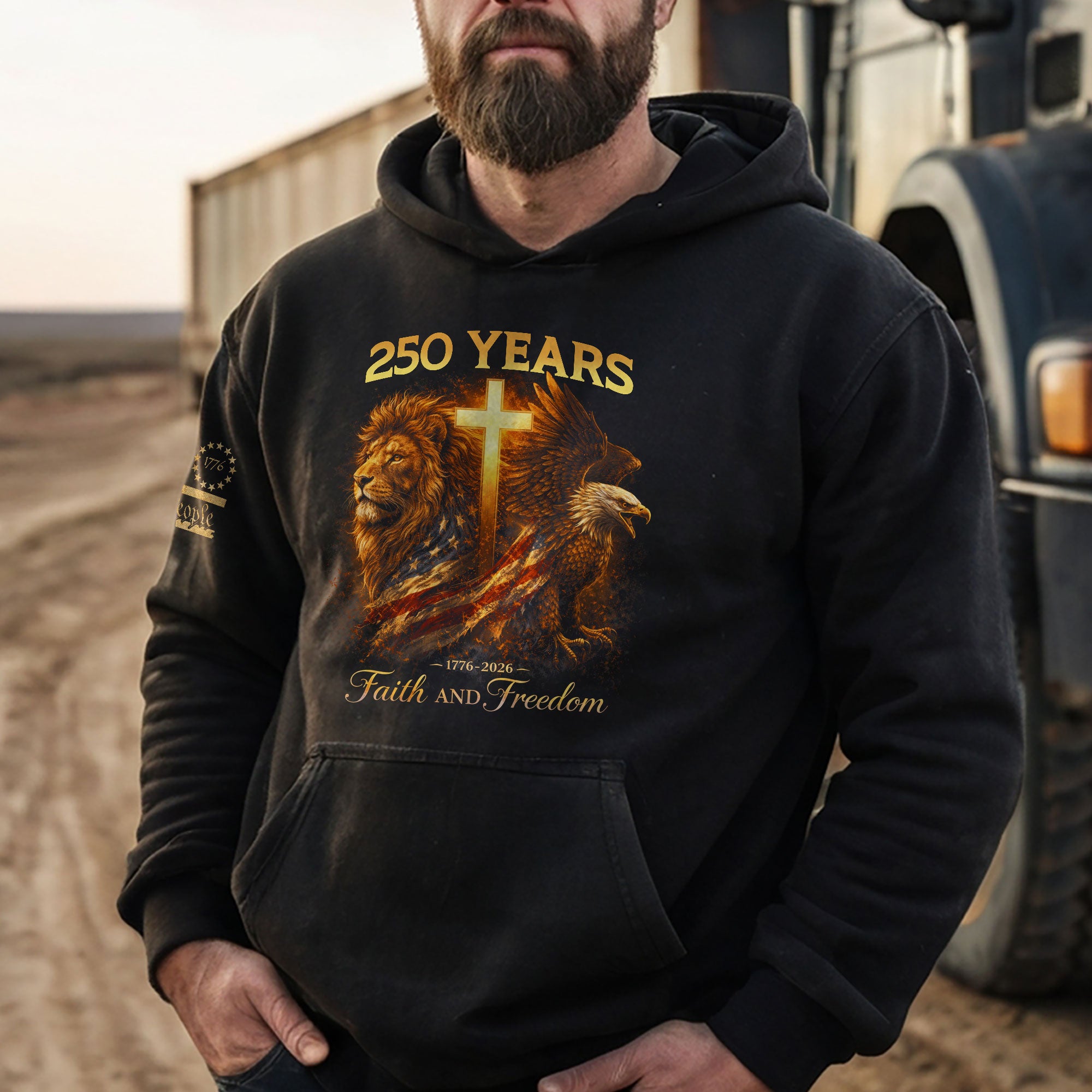 USA 250th Anniversary 1776-2026 Semiquincentennial Hoodie – Christian Lion & Eagle Faith and Freedom Cross Patriotic Hoodie