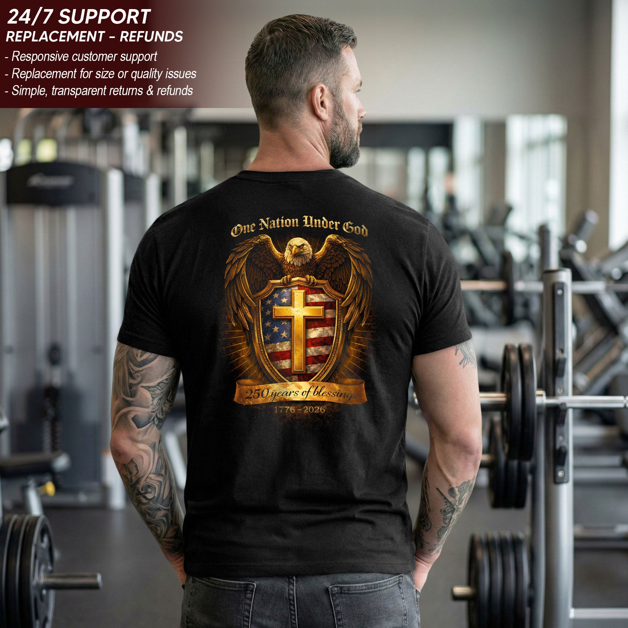 USA 250th Anniversary 1776-2026 Semiquincentennial T-Shirt – One Nation Under God Eagle Cross 250 Years of Blessings Freedom Shield Patriotic Men’s Tee