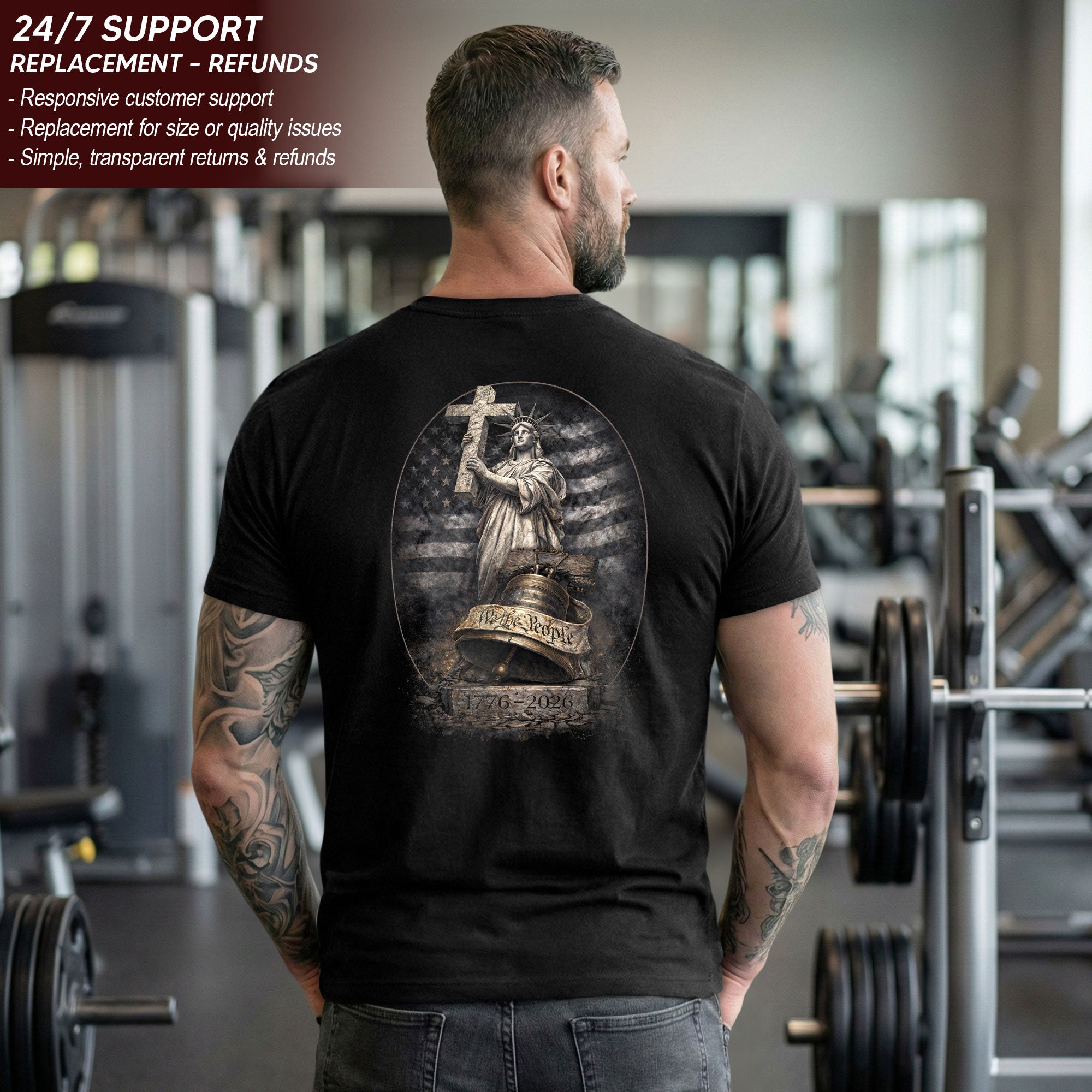 USA 250th Anniversary 1776-2026 Semiquincentennial T-Shirt – Lady Liberty Cross We The People Freedom Patriotic Flag Tee