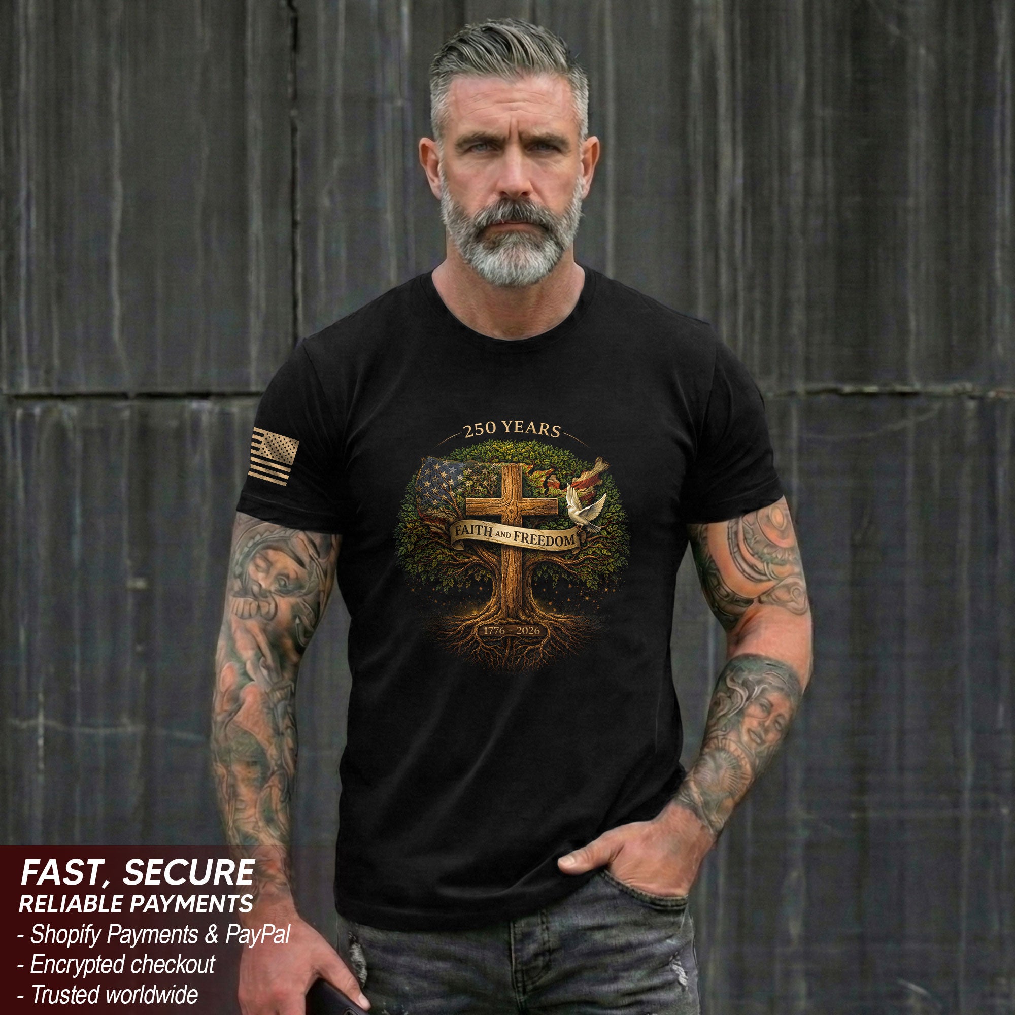 America 250th Anniversary 1776-2026 Semiquincentennial T-Shirt – Faith and Freedom Christian Patriotic Flag Tree of Life Men’s Shirt