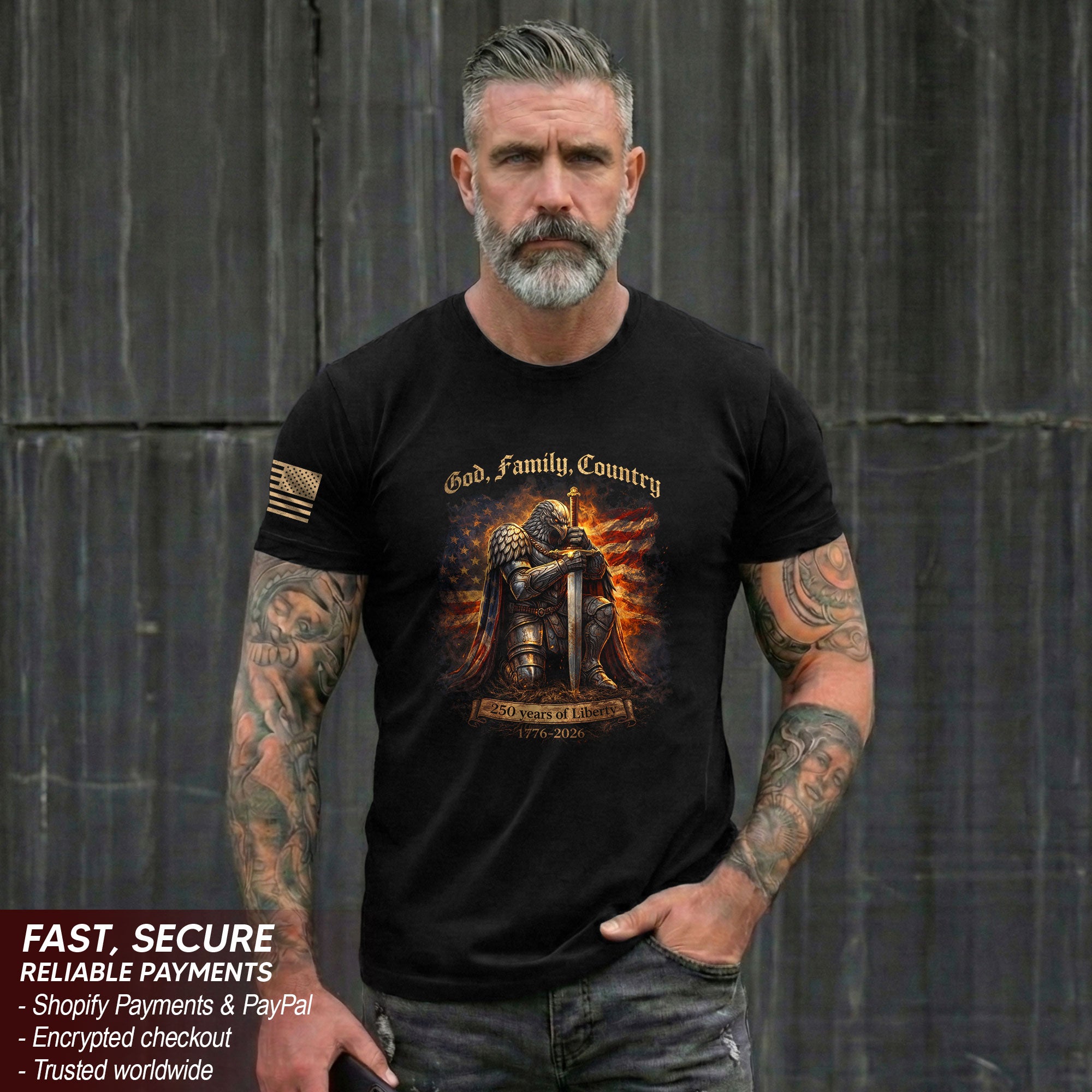 USA 250th Anniversary T-Shirt 1776-2026 – God Family Country Eagle Knight Warrior Patriotic Tee